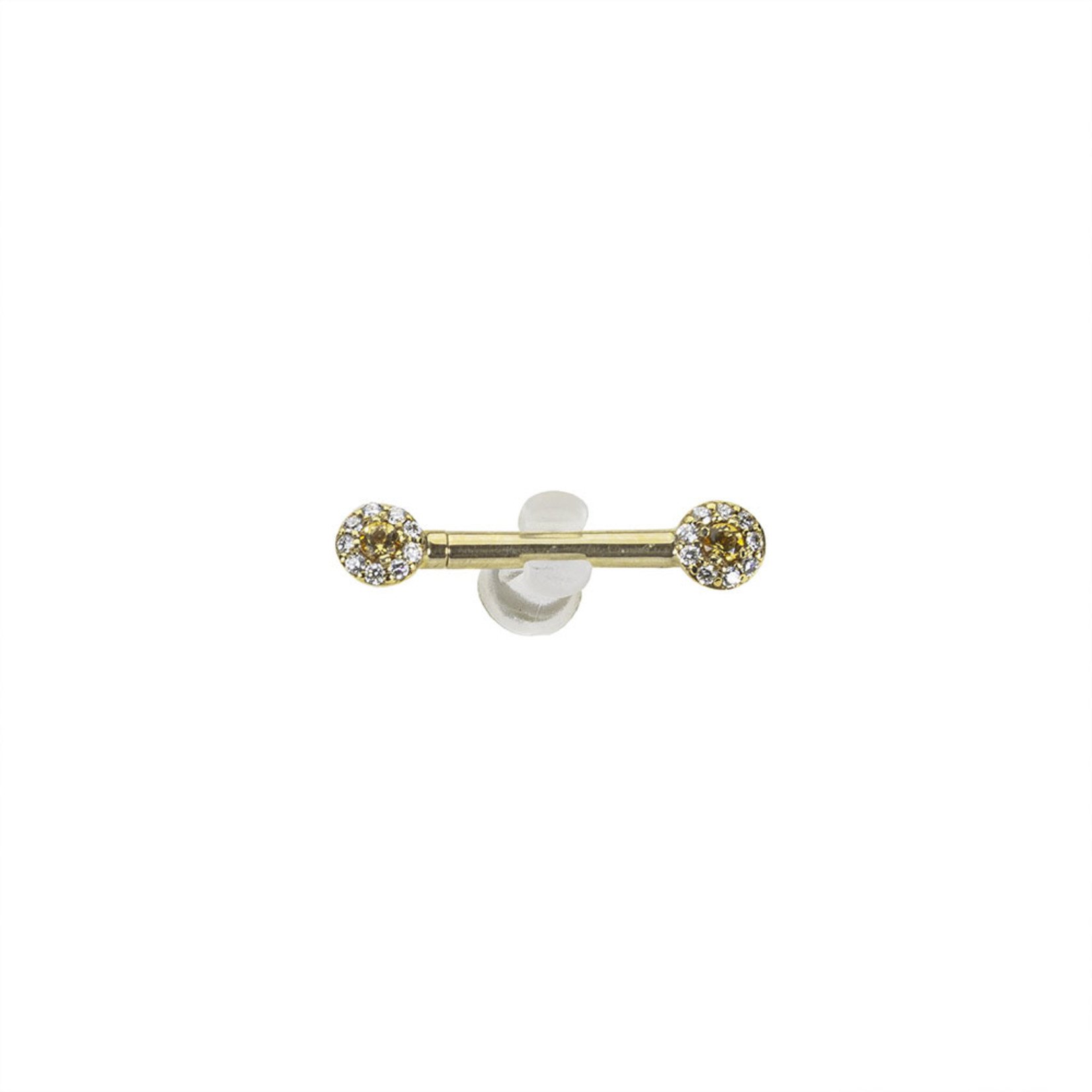 BVLA BVLA 12g 1/2 yellow gold "Altura" nipple barbell. Each barbell has 18 x 1.0 VS1 diamonds surrounding  2x 3.0 AA citrine. Sold as a pair.