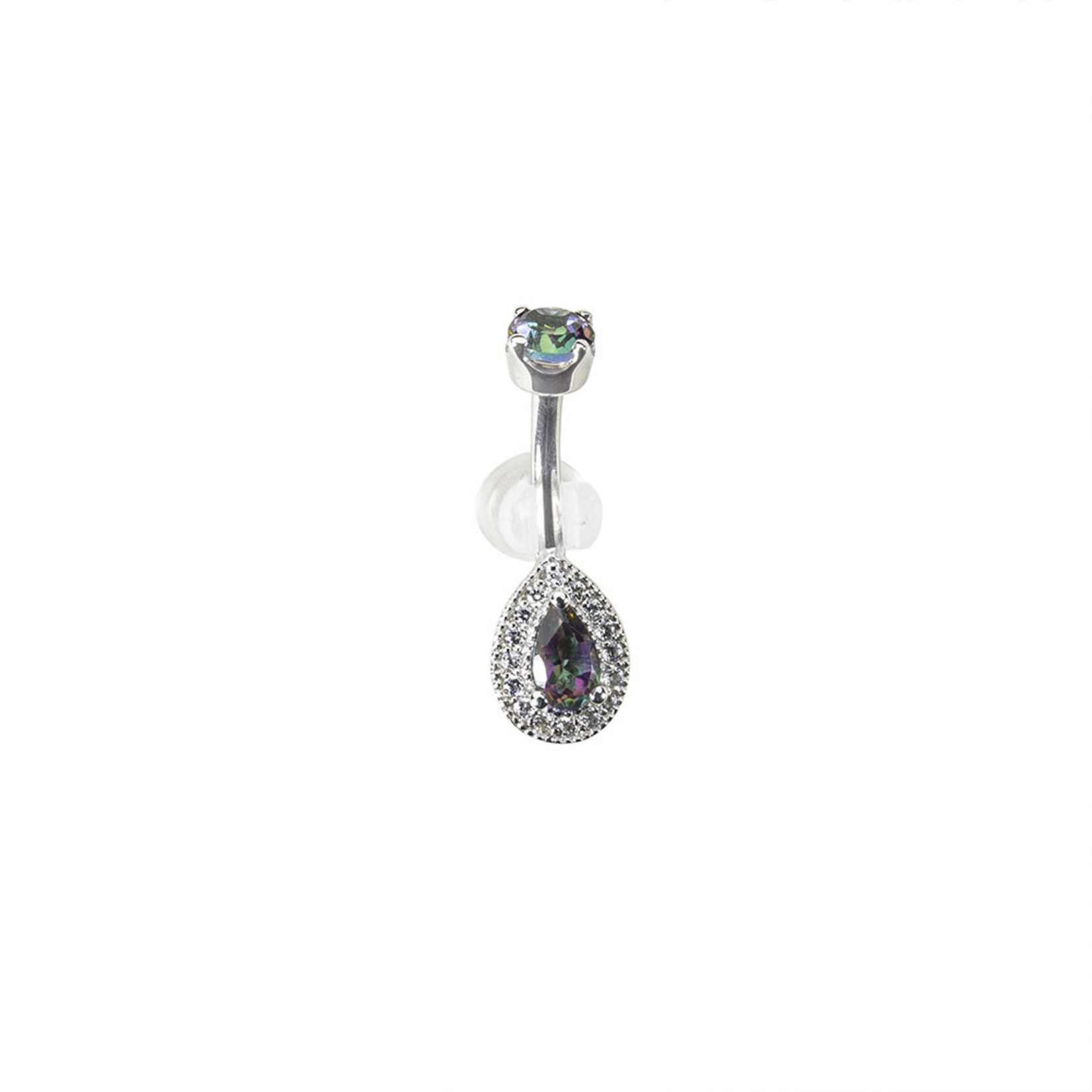 BVLA BVLA 14g 3/8 white gold "Pear Halo" navel curve with 4.0 prong set mystic topaz top and a 5x3 pear-cut Mystic Topaz surrounded by 1.0 CZ