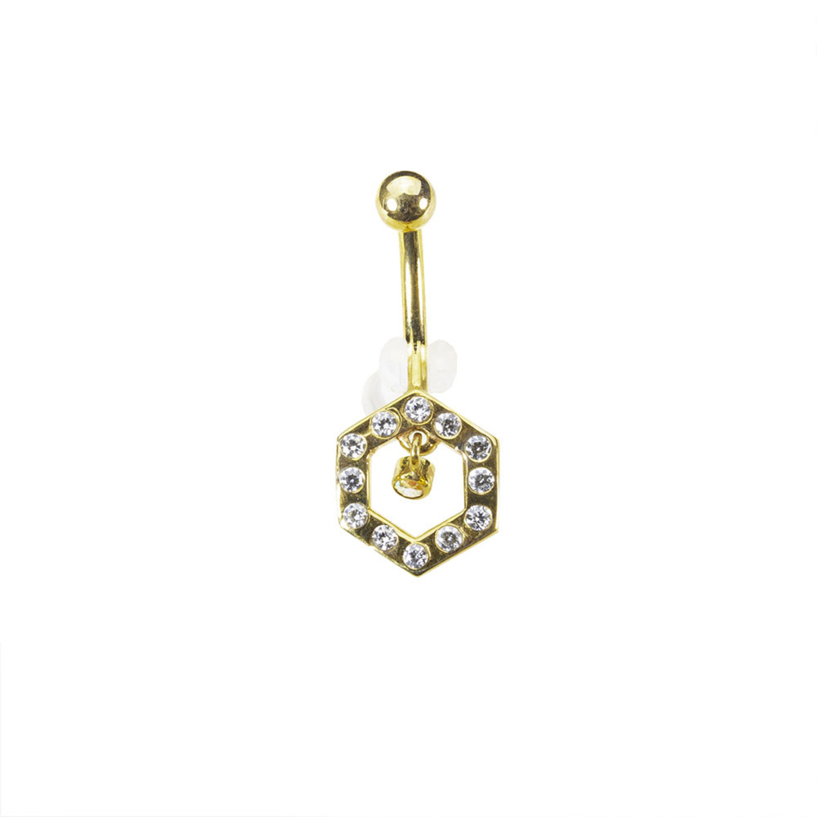 BVLA BVLA 14g 7/16 yellow gold hexagon navel curve with CZ and mercury mist topaz bezel dangle