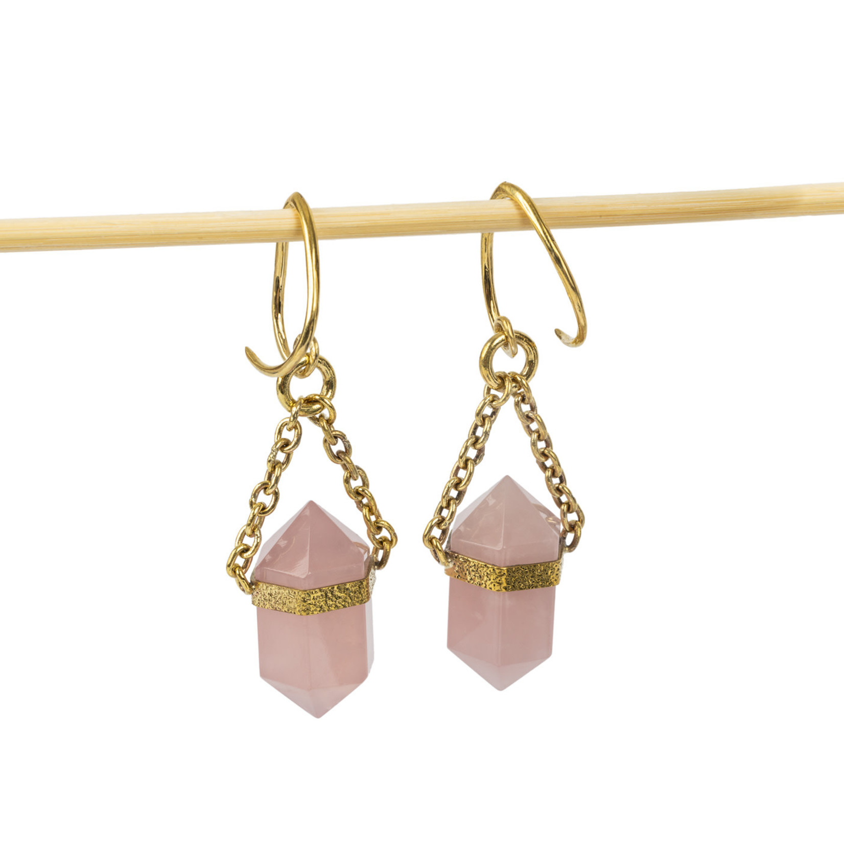 Diablo Organics Diablo Organics small rose quartz points hanging design on small, brass, teardrop coils