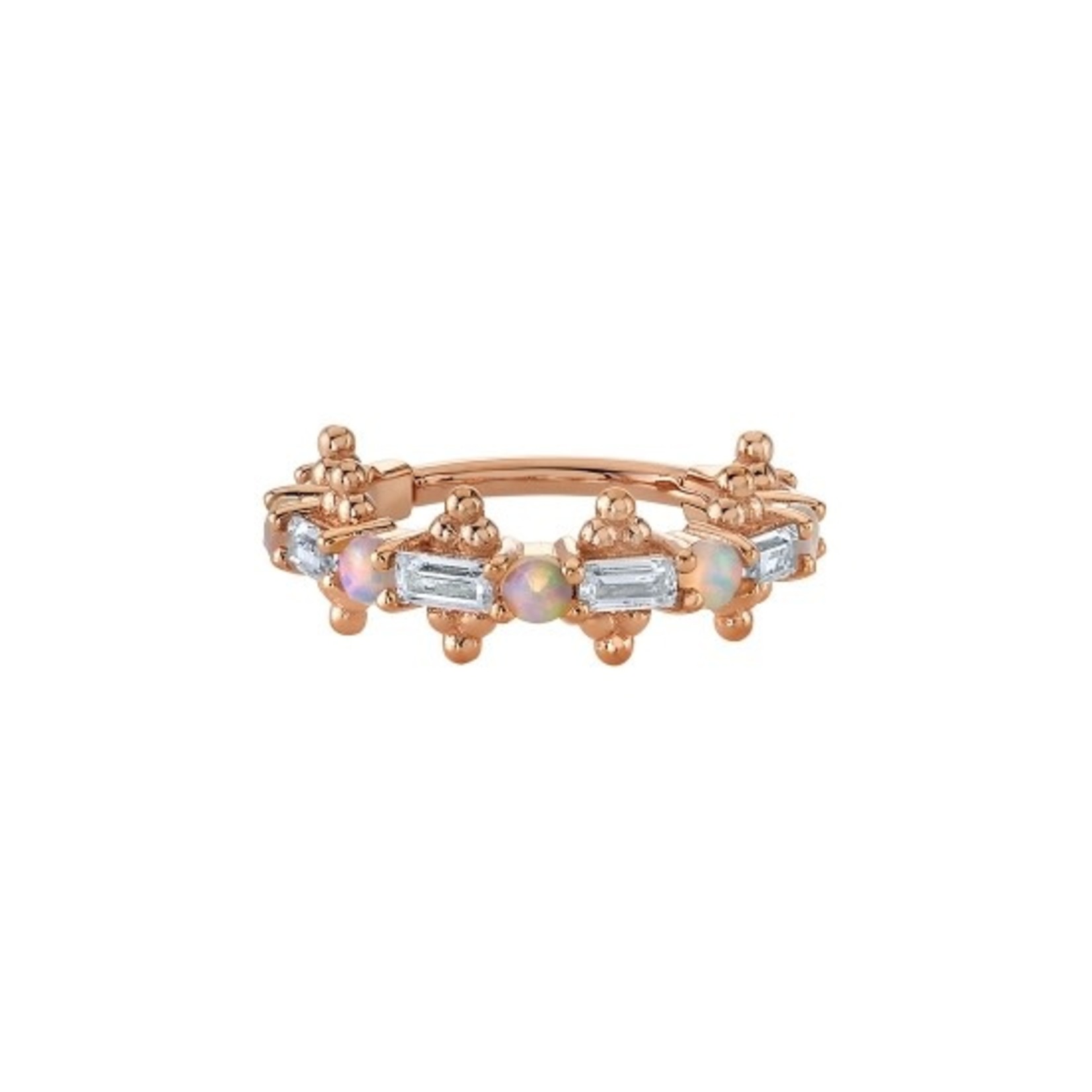 BVLA 16g 7/16 BVLA rose gold "Closer" clicker with 6x 3x1.5 AA white sapphire baguettes and 5x 2.0 AAA white opals