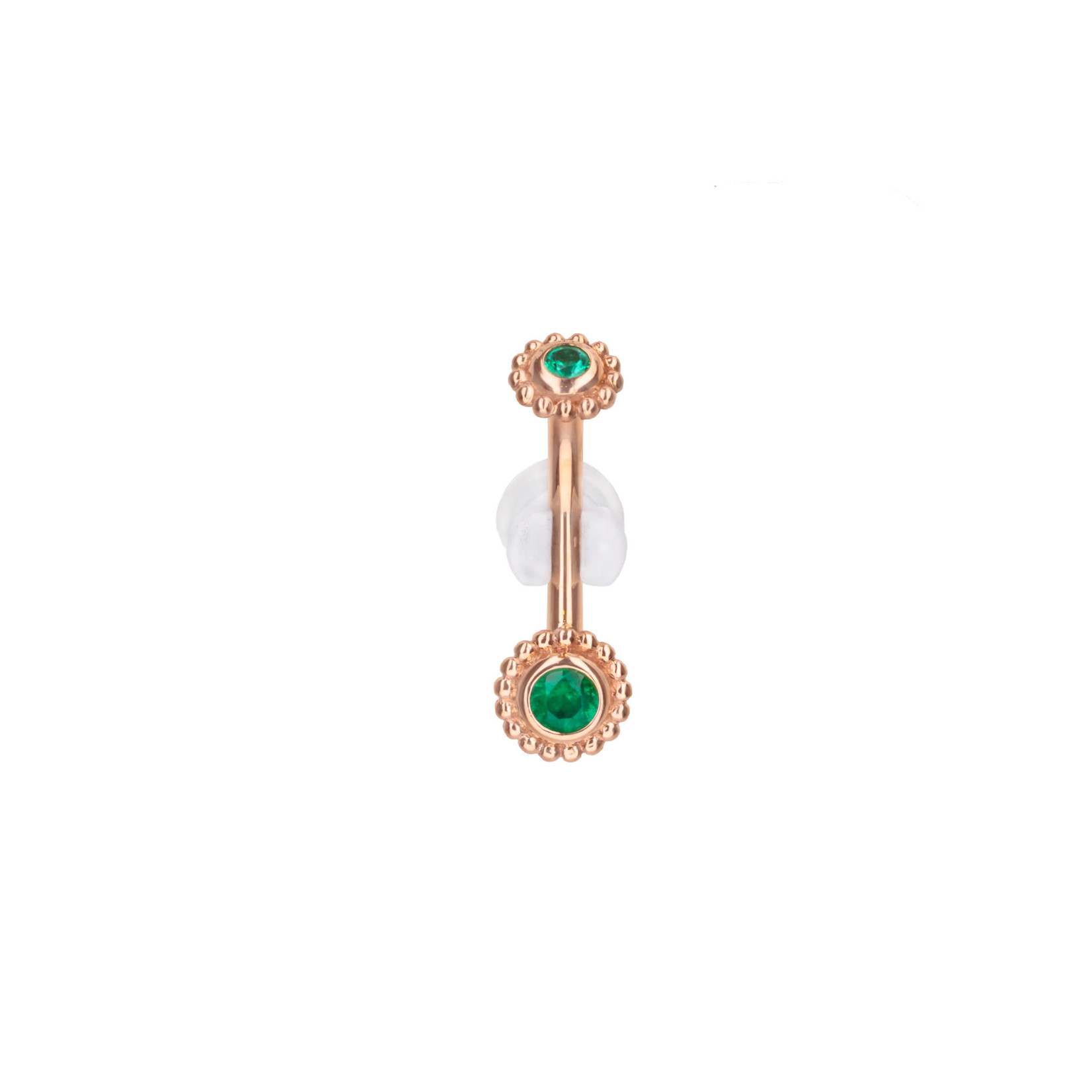 BVLA 14g 3/8 BVLA rose gold "Beaded Choctaw" navel curve with 2.0 & 3.0 AA emerald