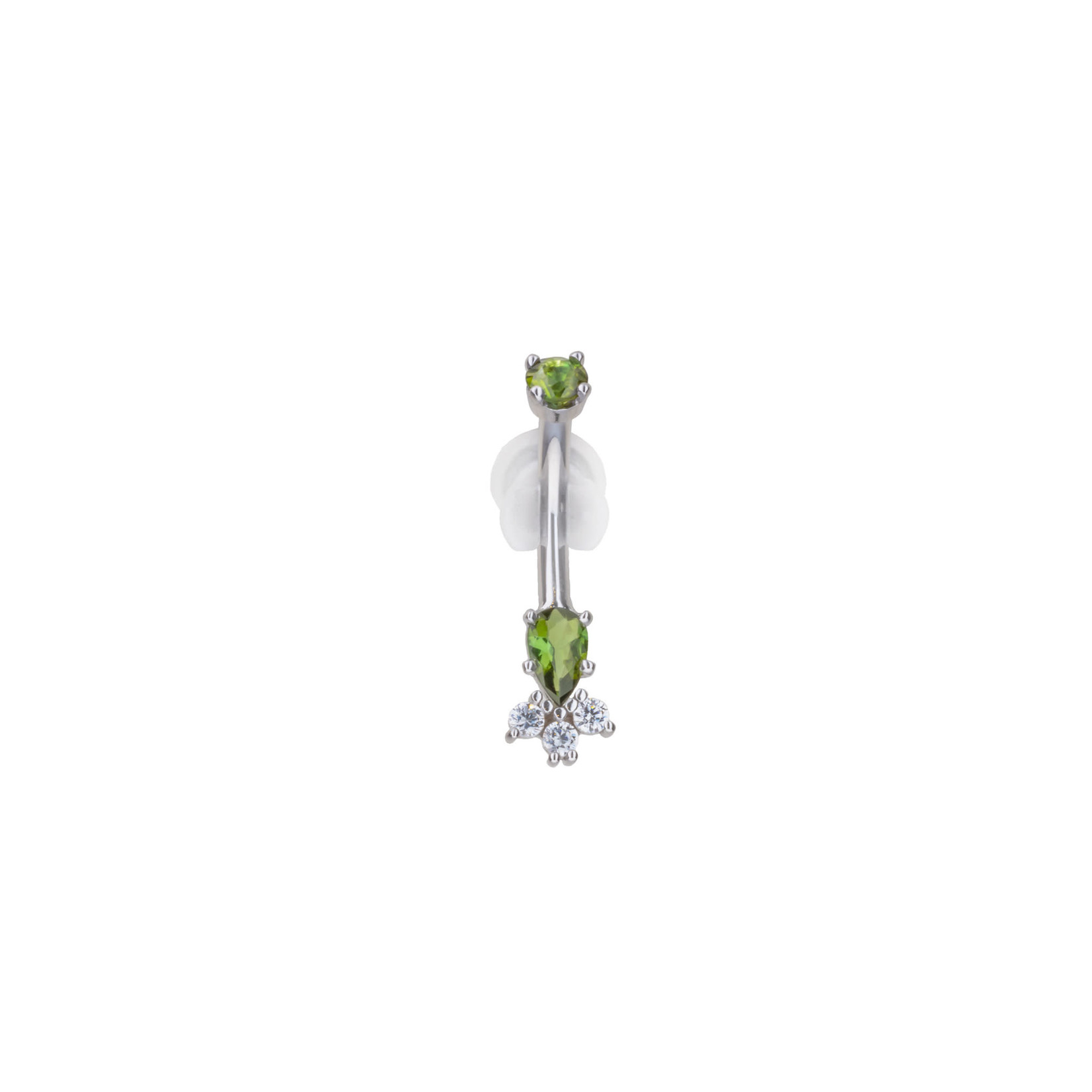 BVLA BVLA 14g 3/8 white gold pear navel curve with 3.0 AA green tourmaline top, 5x3 green tourmaline pear, and 3x 1.75 CZ accents