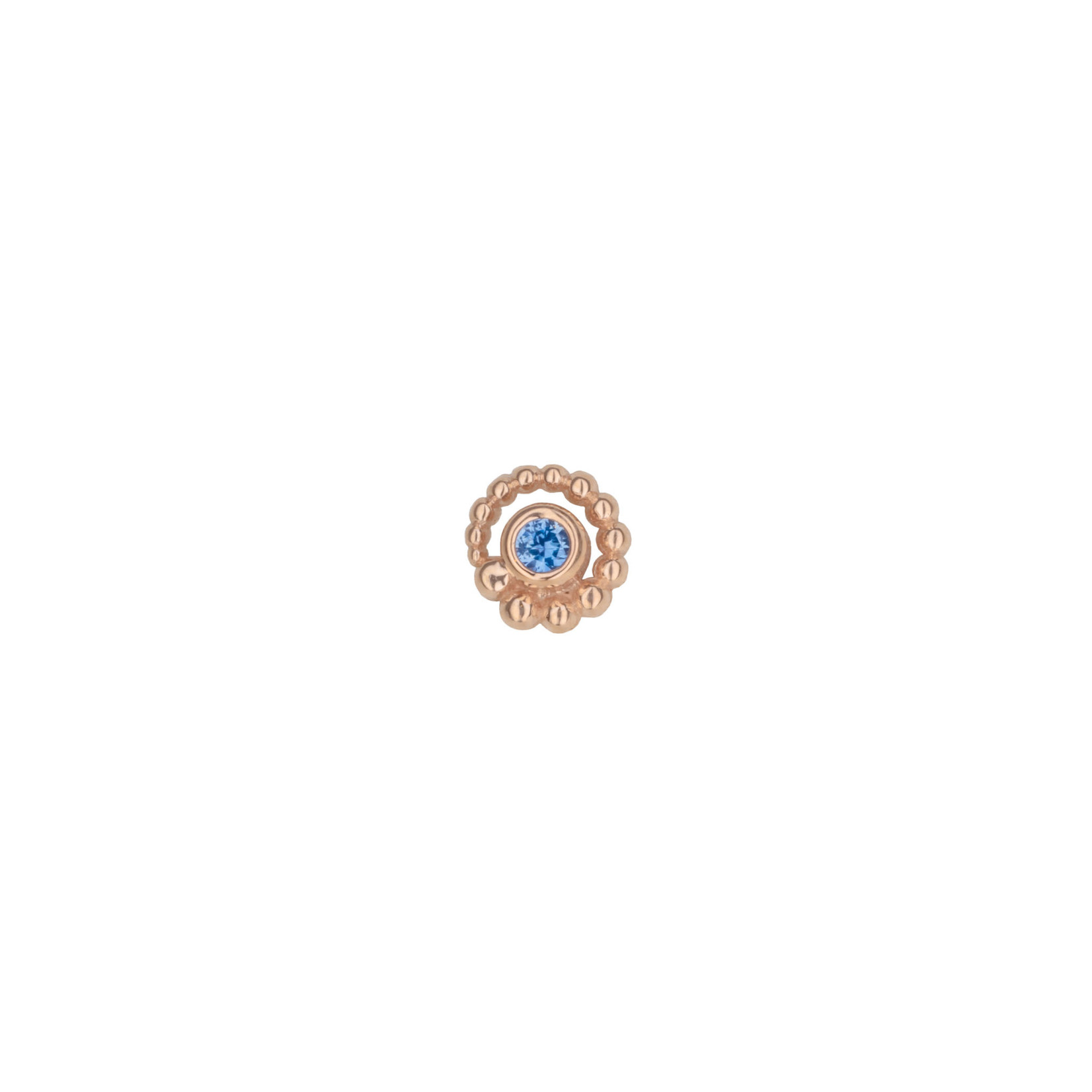 BVLA 18g BVLA rose gold "Beaded Bezel Swirl" press-fit end with 2.0 polar sapphire, graduating to the right