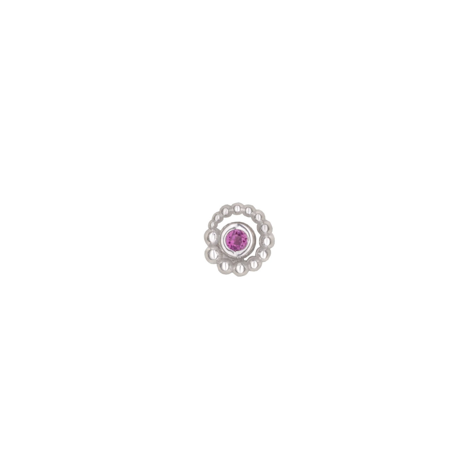 BVLA 18g BVLA white gold "Beaded Bezel Swirl" press-fit end with 2.0 AA rhodolite, graduating to the right