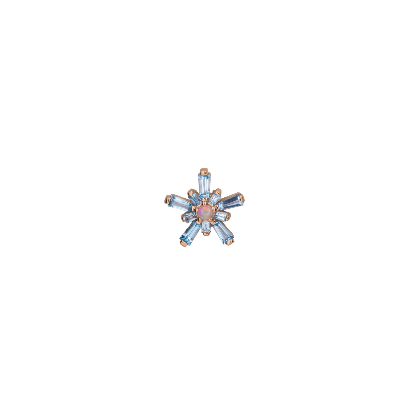 BVLA BVLA rose gold "Mininova" threaded end with 5x 3.5x1.3x1 Swiss topaz baguette, 5x 1.25x1.75 Swiss topaz baguette, and 1.5 AAA white opal