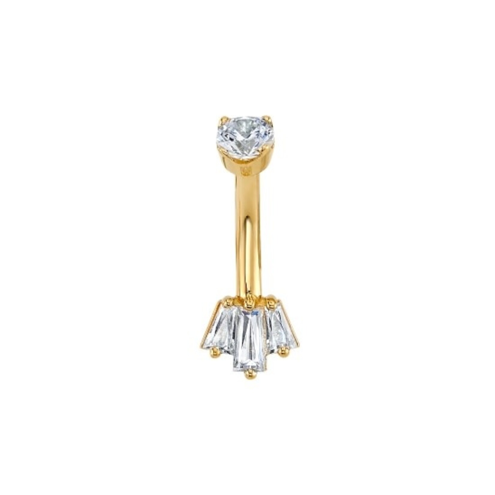 BVLA BVLA 16g 5/16 solid 18 karat gold "Oceane 3" curved barbell with 1x 3.0 CZ top, 2x 3x2x1 baguette CZ and 1x 4x2x1.5 baguette CZ
