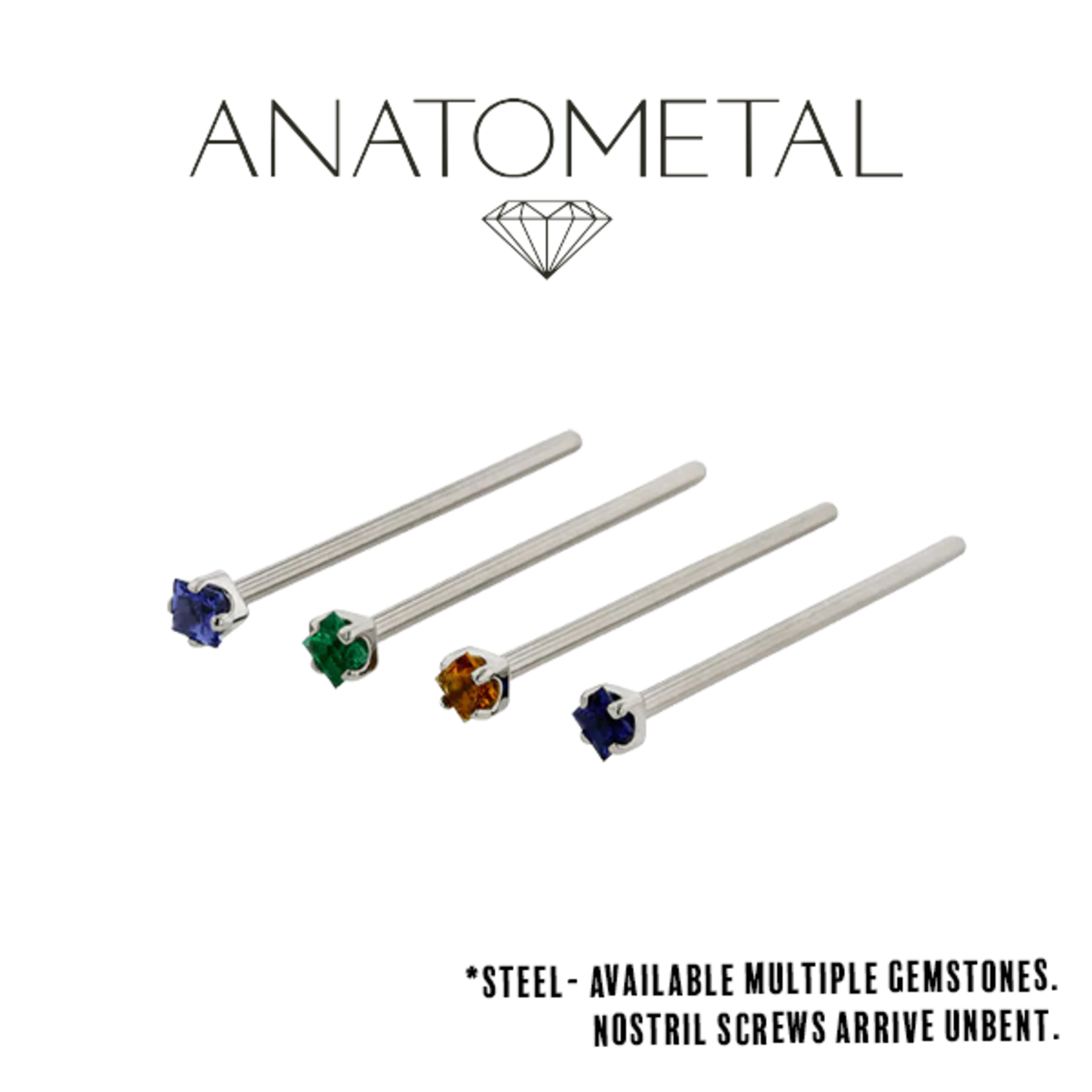 Anatometal Anatometal 20g steel nostril screw with 2.0 princess cut gemstone.