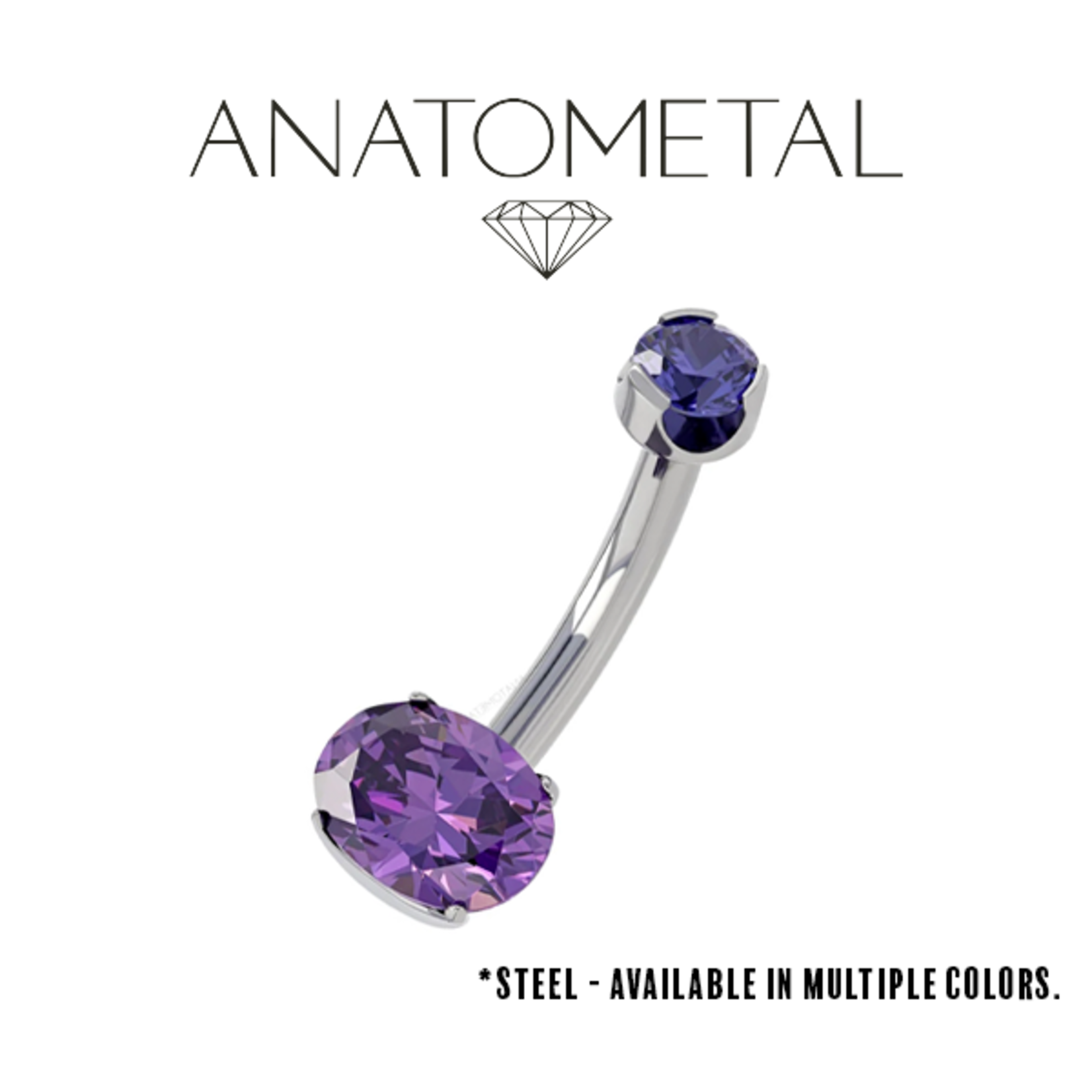 Anatometal Anatometal 14g 7/16 steel navel curve with horizontal, oval-cut gemstone