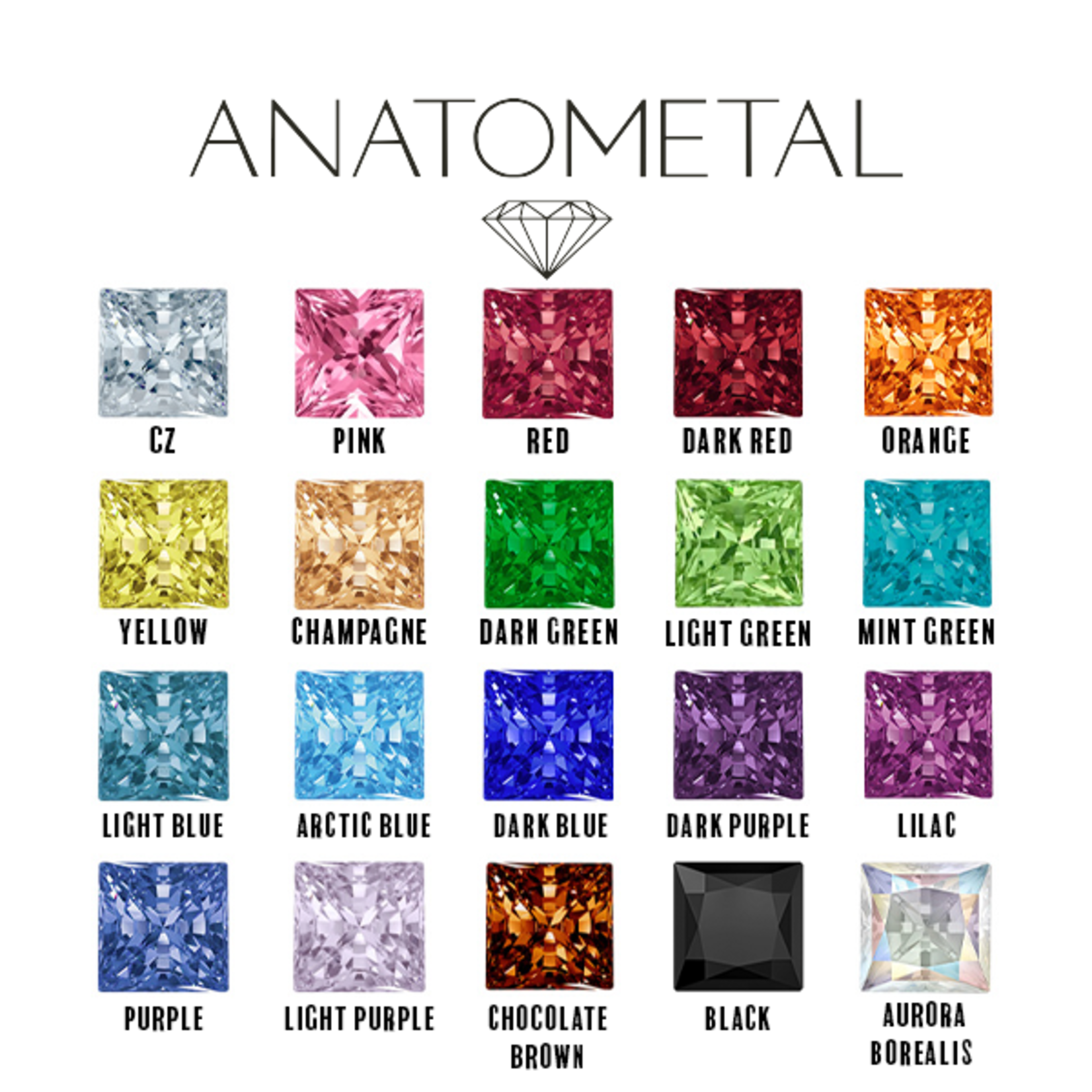 Anatometal Anatometal 20g steel nostril screw with 2.0 princess cut gemstone.