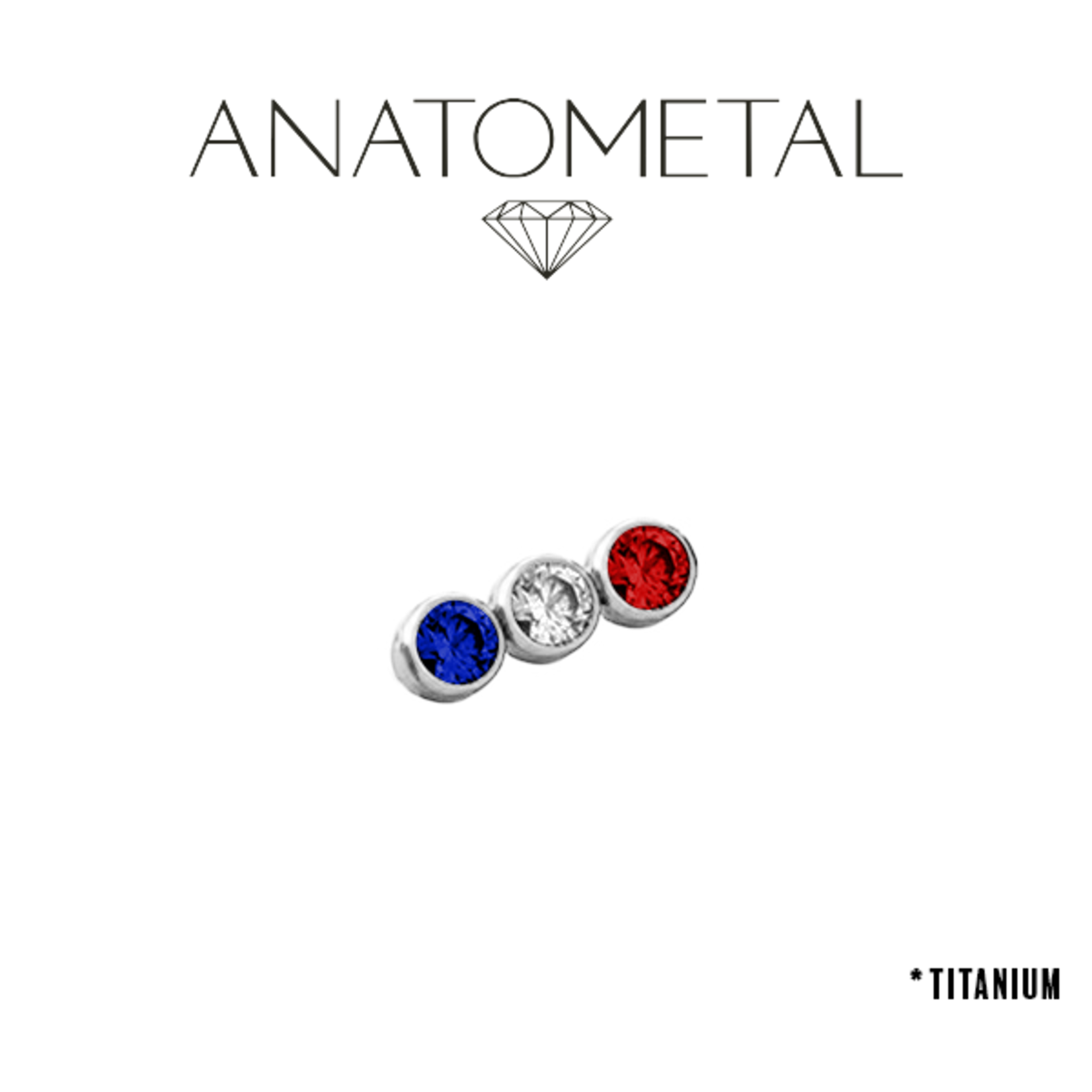 Anatometal Anatometal 14g titanium threaded three gem cluster with 3.0 Dark Blue, 3.0 CZ & 3.0 Red