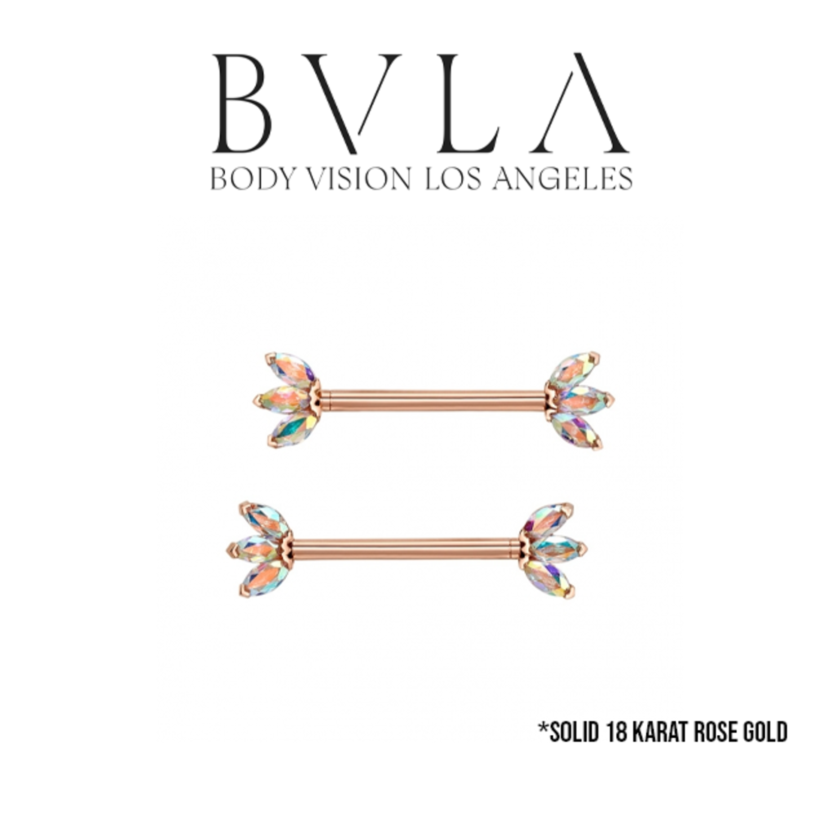 BVLA BVLA 12g 1/2 rose gold forward facing triple marquise fan barbell with mercury mist topaz. Sold as a pair.