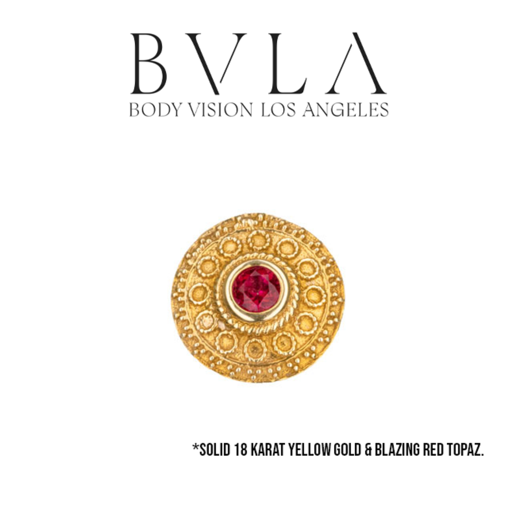 BVLA BVLA yellow gold 11.0 "Nanda" threaded end with 3.0 blazing red topaz & 24k plate