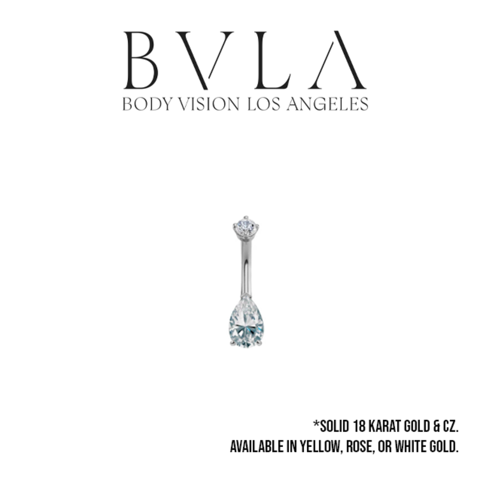 BVLA BVLA 14g 7/16  gold navel curve with prong set, 8x5 pear cut CZ