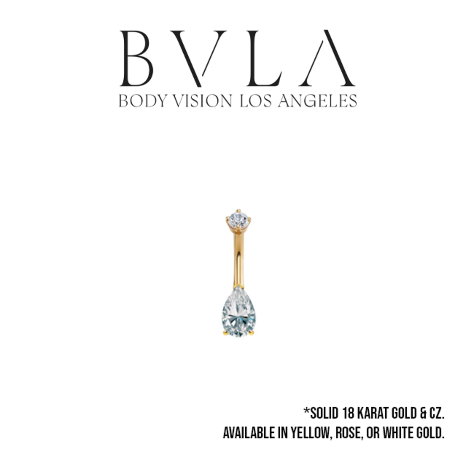BVLA BVLA 14g 7/16  gold navel curve with prong set, 8x5 pear cut CZ