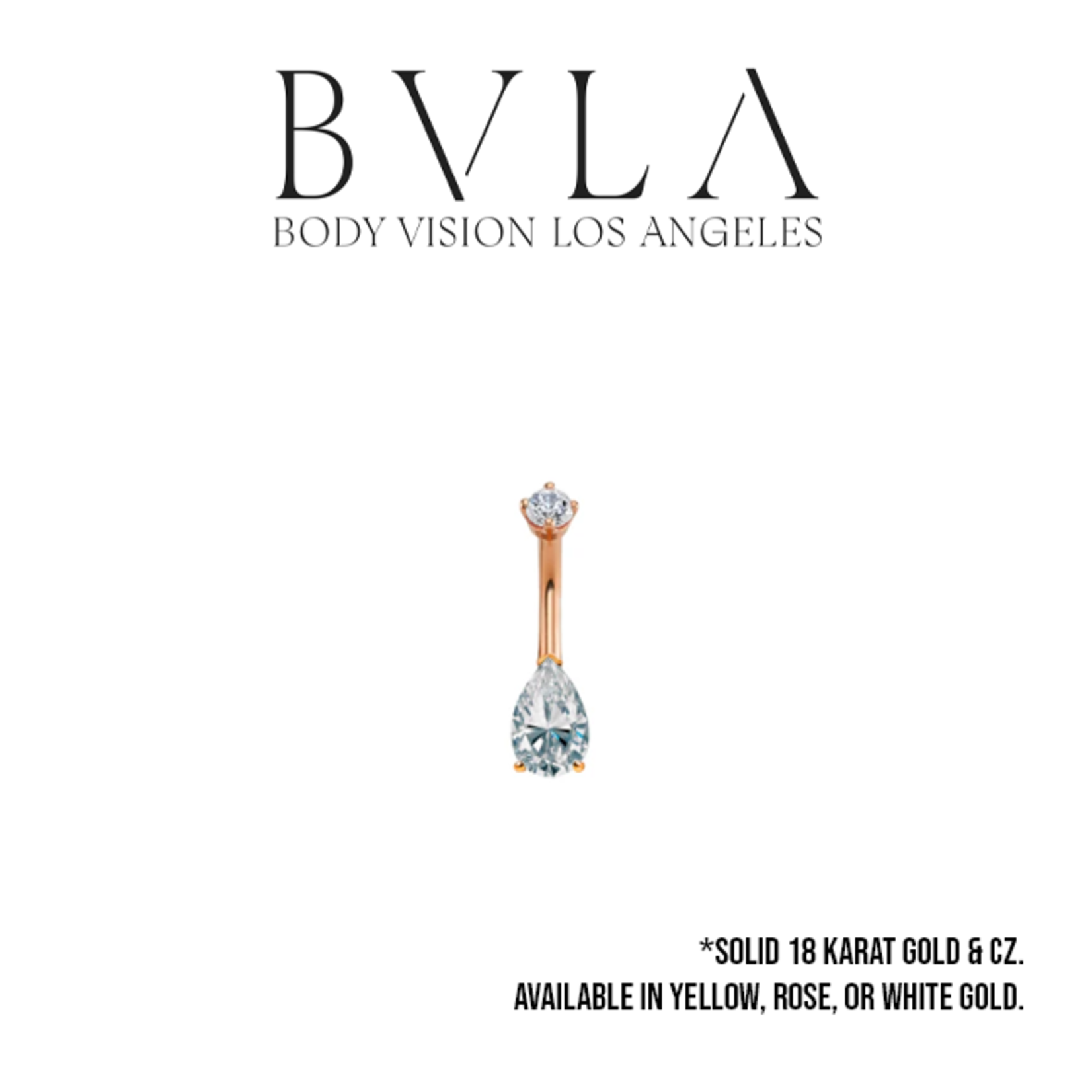 BVLA BVLA 14g 7/16  gold navel curve with prong set, 8x5 pear cut CZ