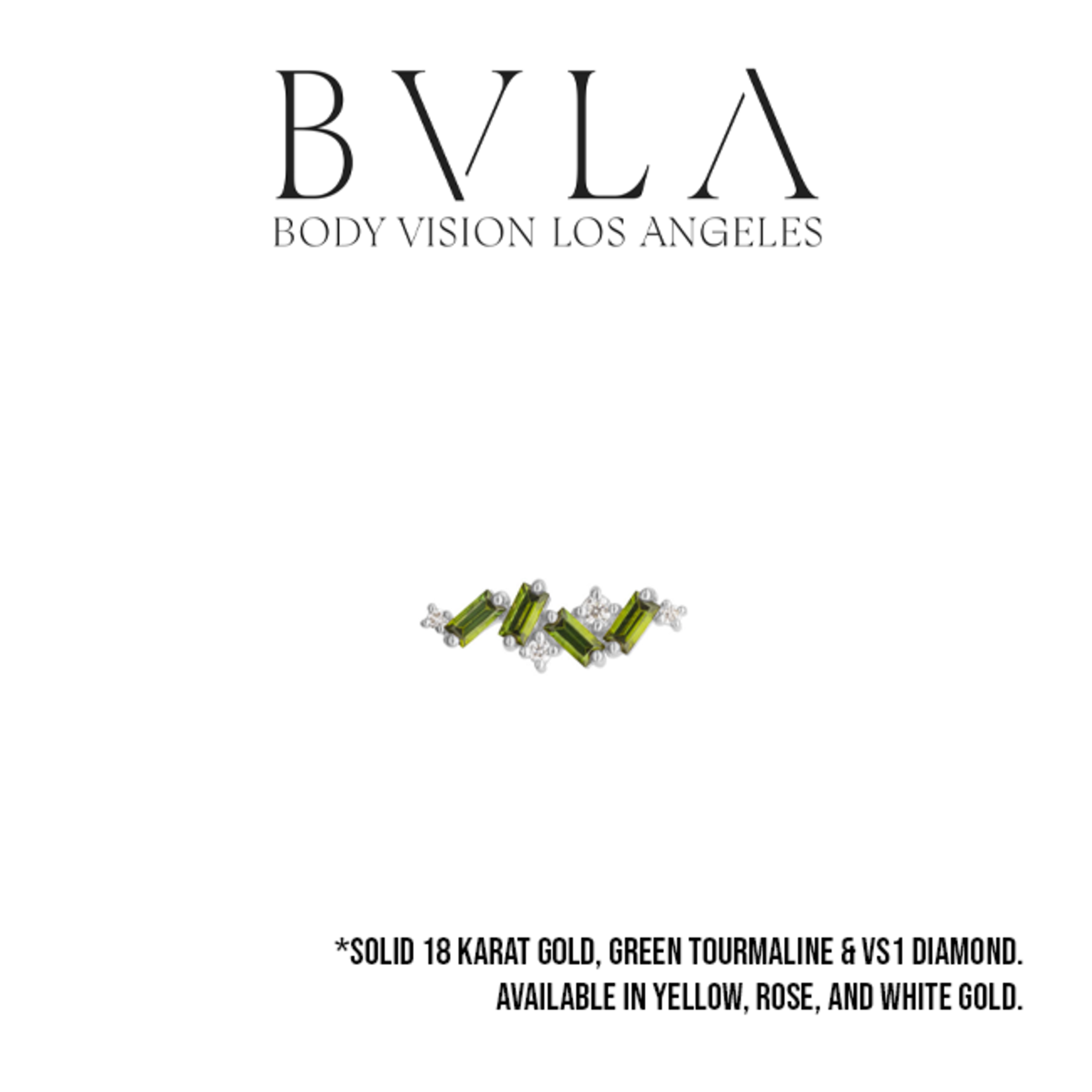 BVLA BVLA "Genesis" threaded end with 4x 3x1.5 AA green tourmaline 2x 1.0 VS1 diamond, 1x 1.25 VS1 diamond, and 1x 1.5 VS1 diamond
