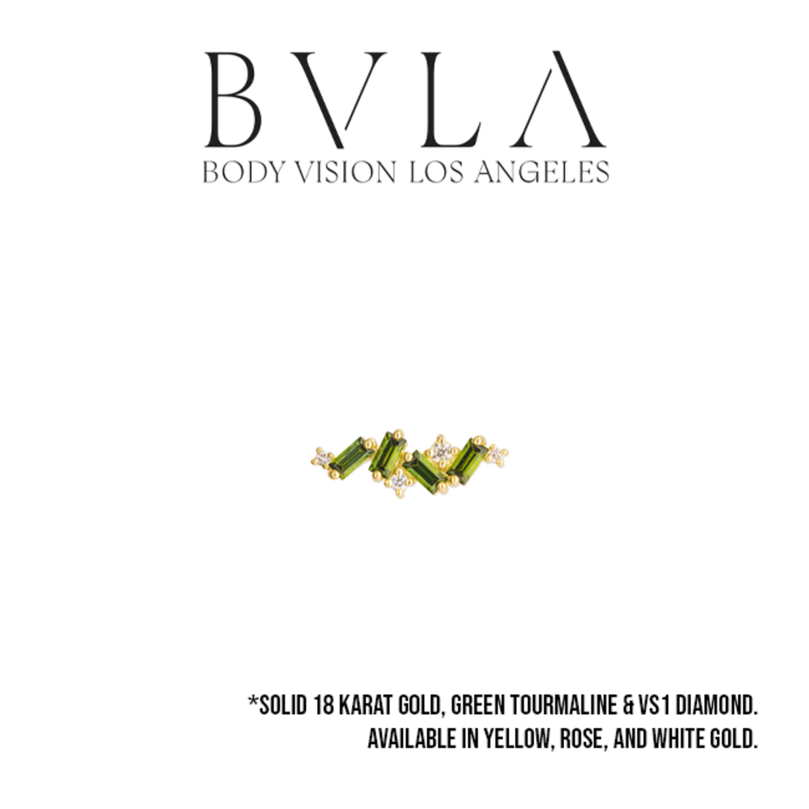 BVLA BVLA "Genesis" threaded end with 4x 3x1.5 AA green tourmaline 2x 1.0 VS1 diamond, 1x 1.25 VS1 diamond, and 1x 1.5 VS1 diamond
