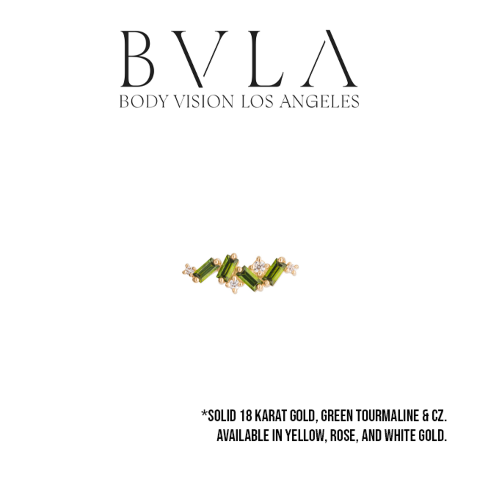 BVLA BVLA "Genesis" threaded end with 4x 3x1.5 AA green tourmaline 2x 1.0 CZ, 1x 1.25 CZ, and 1x 1.5 CZ