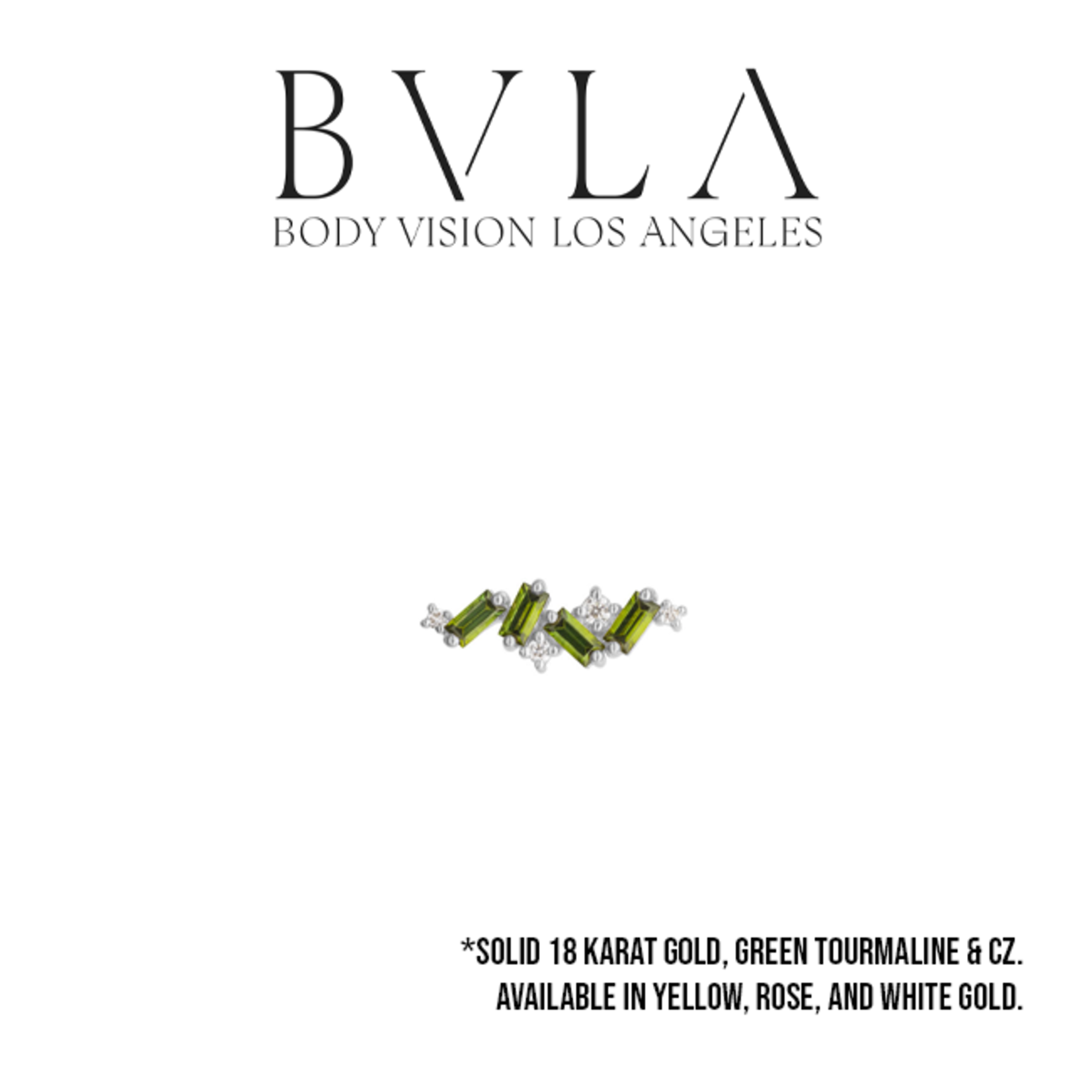 BVLA BVLA 16g "Genesis" threaded end with 4x 3.0x1.5mm AA green tourmaline 2x 1.0mm CZ, 1x 1.25mm CZ, and 1x 1.5mm CZ