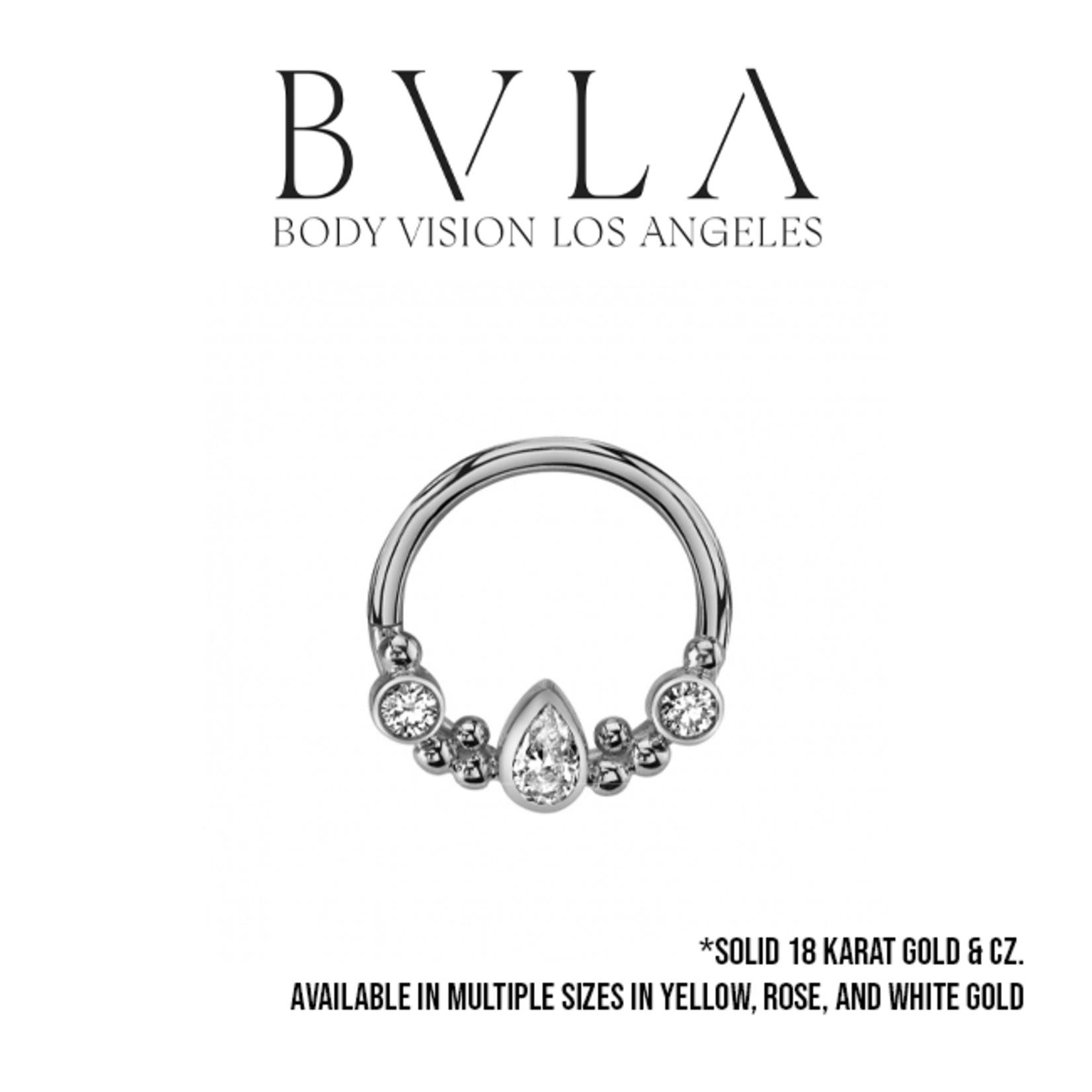 BVLA 16g BVLA "Inside-Out Eden Pear" seam ring with 2x 2.0 CZ bezels and 4x2.5 CZ pear