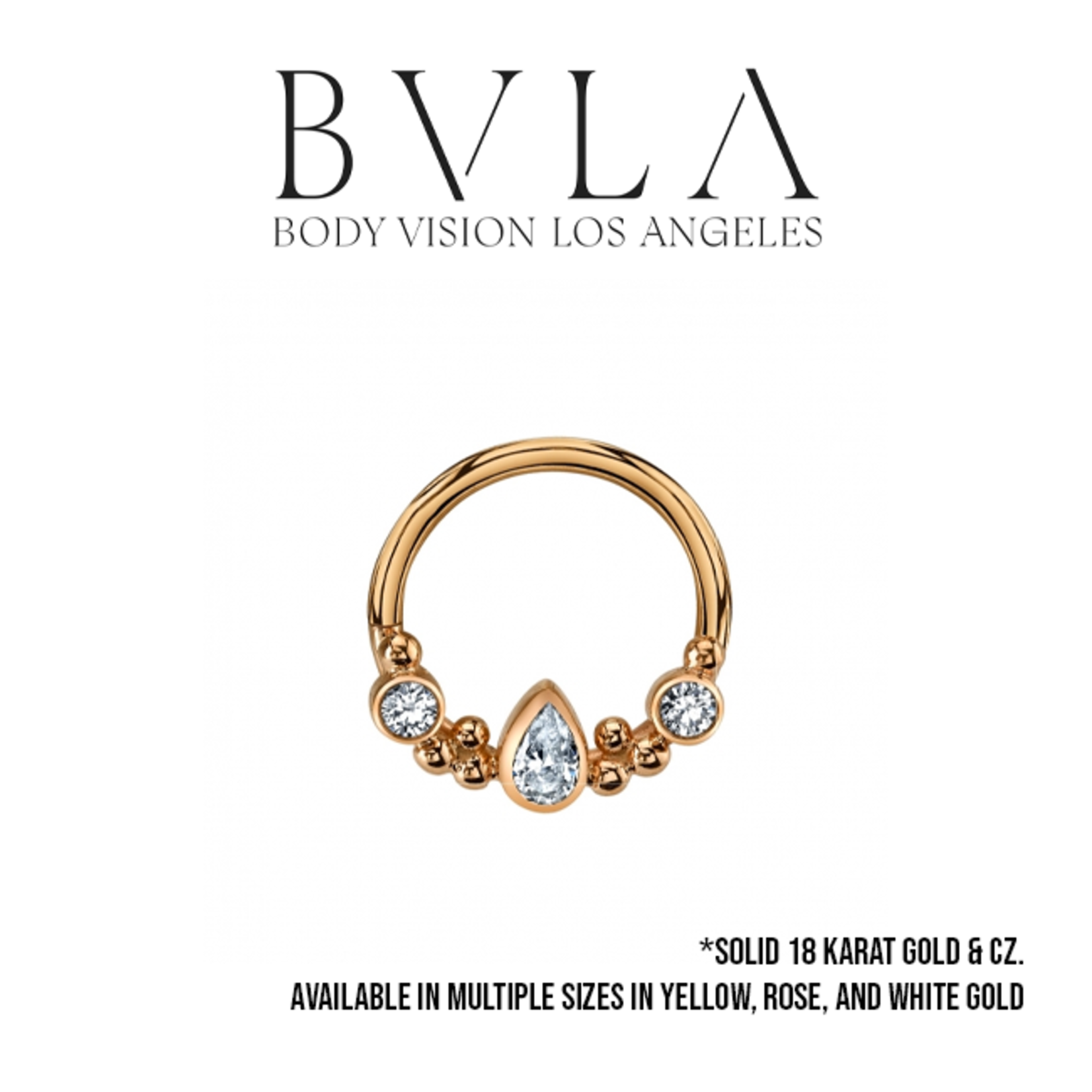 BVLA 16g BVLA "Inside-Out Eden Pear" seam ring with 2x 2.0 CZ bezels and 4x2.5 CZ pear