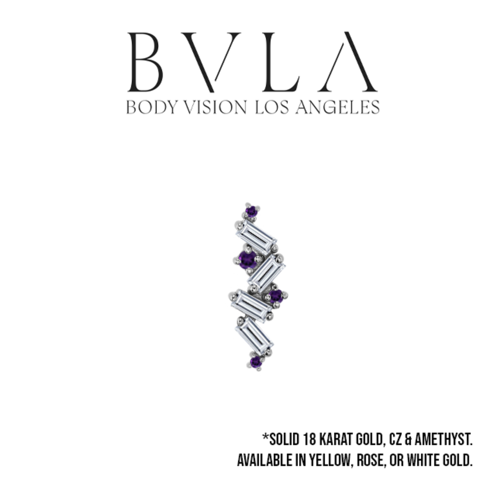 BVLA BVLA "Genesis" threaded end with 4x 3x1.5 CZ baguette, 2x 1.0 AA Amethyst, 1x 1.25 AA Amethyst, and 1x 1.5 AA Amethyst