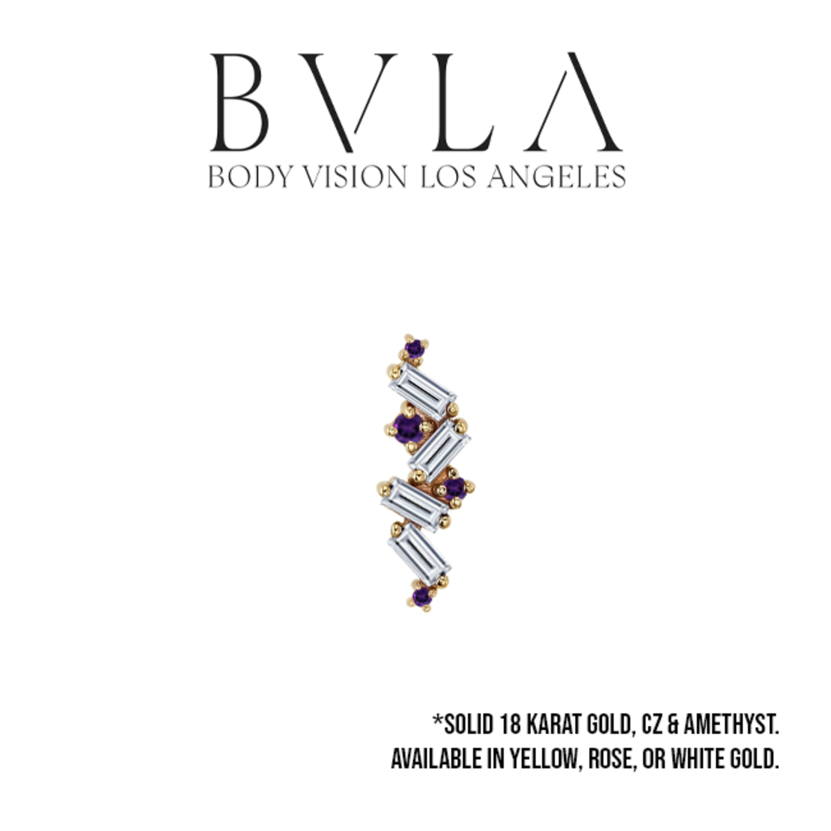 BVLA BVLA "Genesis" threaded end with 4x 3x1.5 CZ baguette, 2x 1.0 AA Amethyst, 1x 1.25 AA Amethyst, and 1x 1.5 AA Amethyst