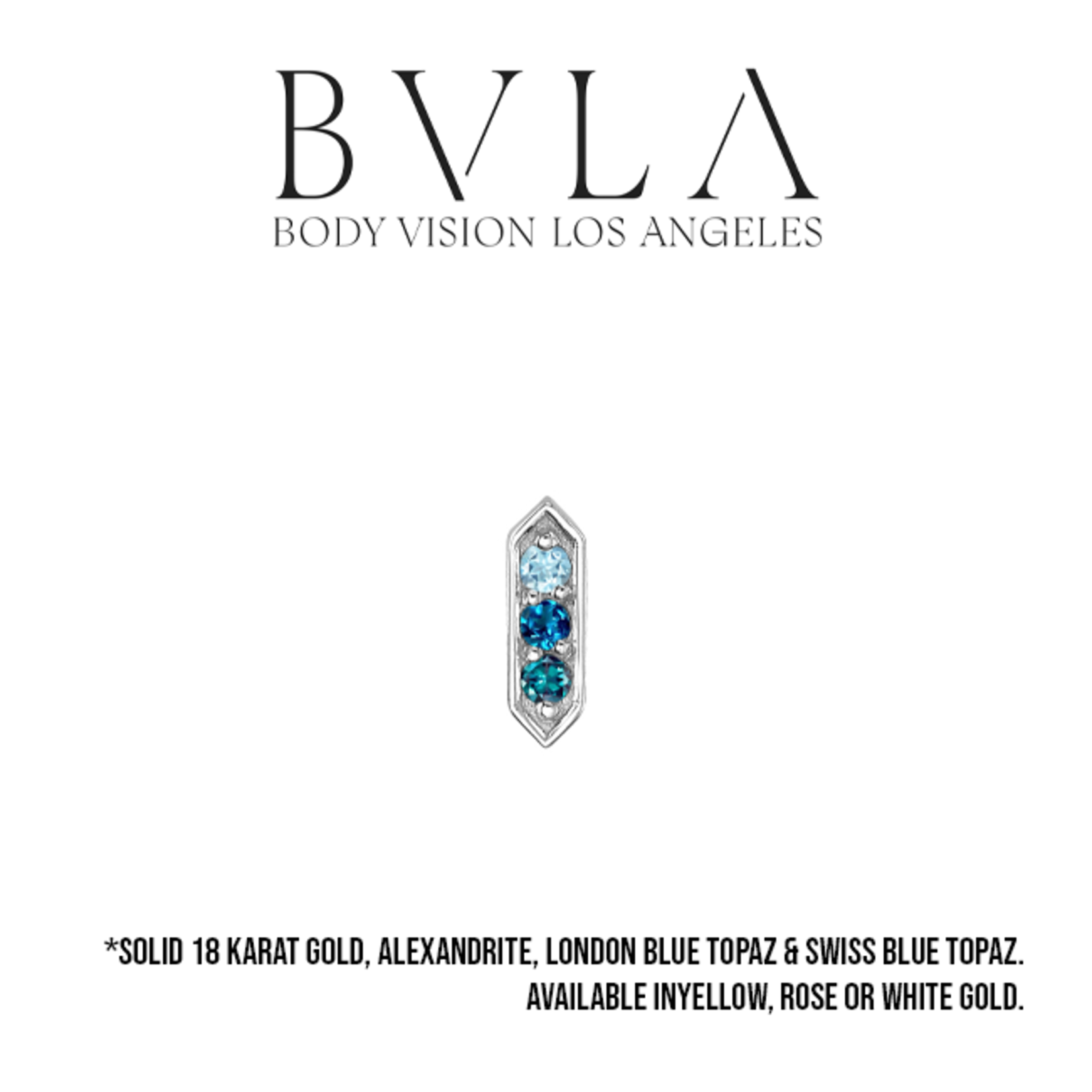 BVLA BVLA "Sillan" threaded end with 1x 1.25 AA Swiss Blue Topaz, 1x 1.25 London Blue Topaz, 1x 1.25 Alexandrite