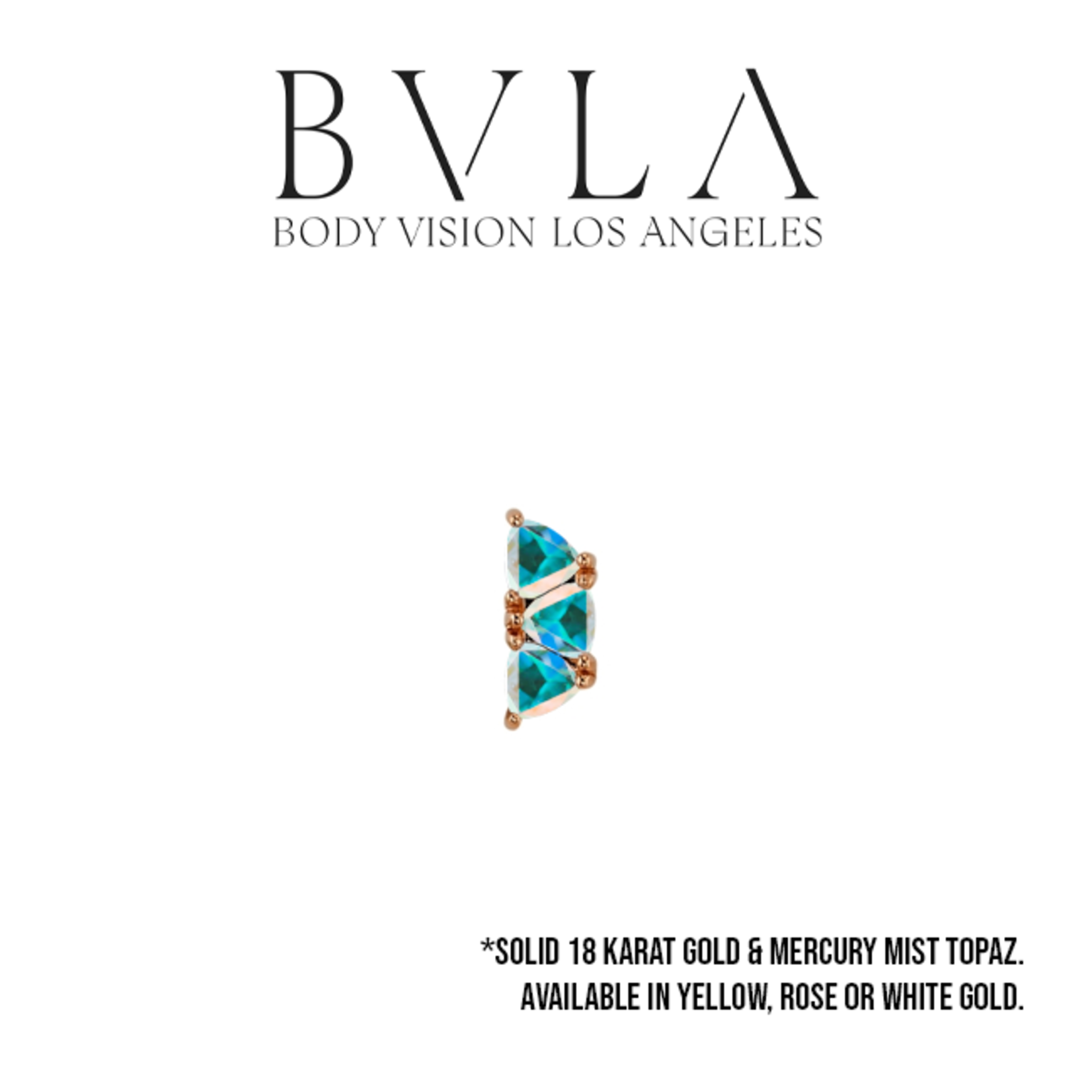 BVLA BVLA 8x3 solid 18 karat gold "Irisa" threaded end with 3x 3.0 Mercury mist topaz trillion.