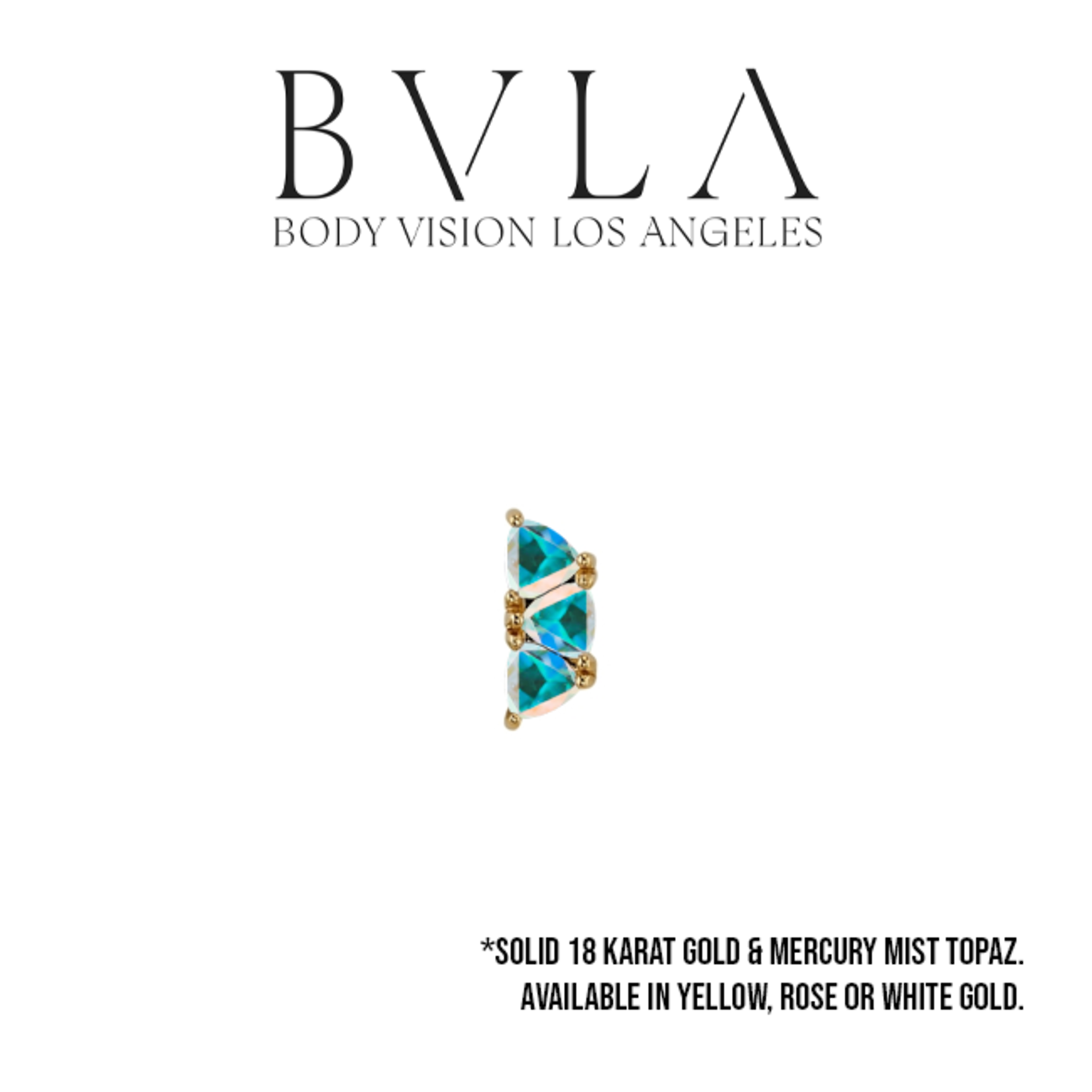 BVLA BVLA 8x3 solid 18 karat gold "Irisa" threaded end with 3x 3.0 Mercury mist topaz trillion.