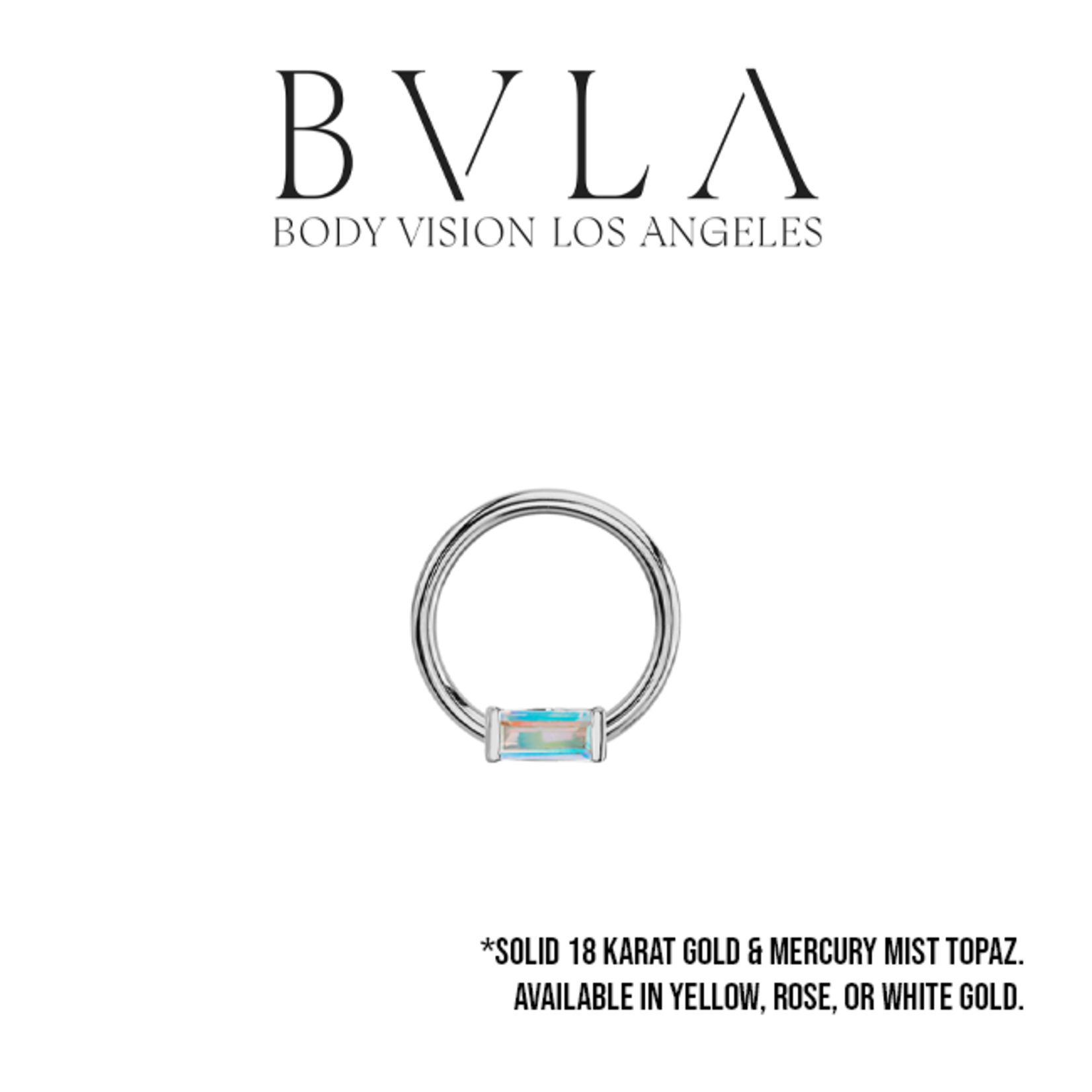 BVLA 16g BVLA fixed ring with 4x2 mercury mist topaz baguette