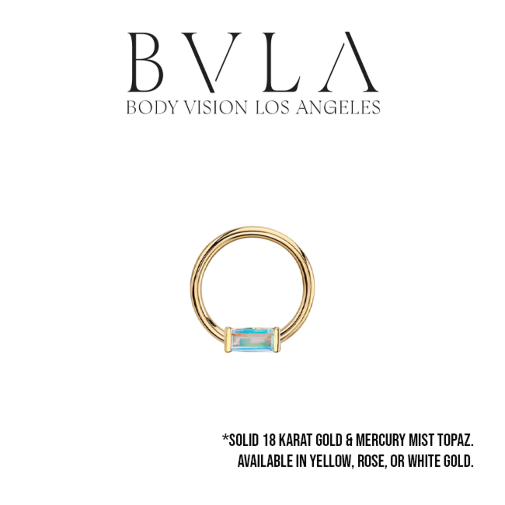 BVLA 16g BVLA fixed ring with 4x2 mercury mist topaz baguette
