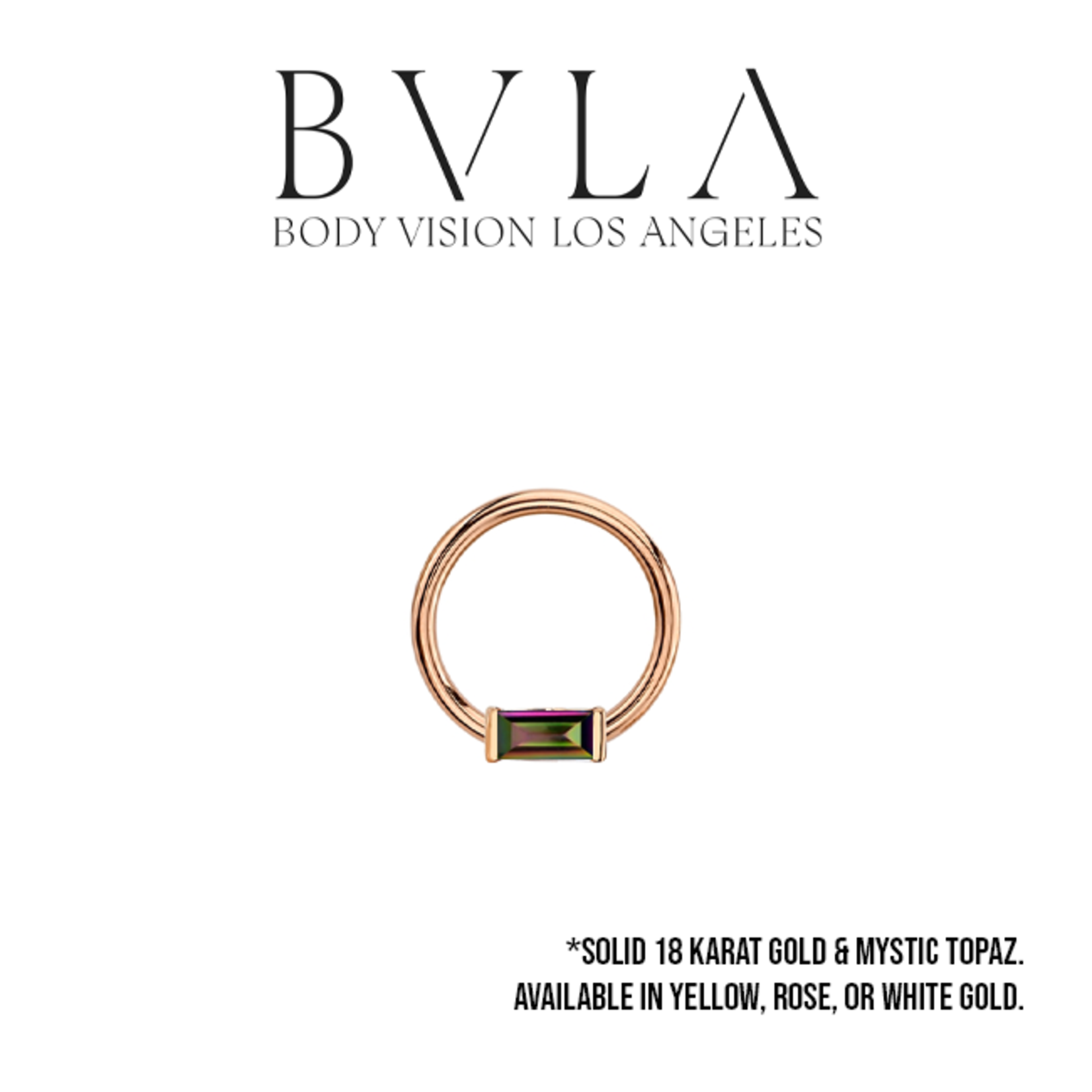 BVLA 16g BVLA fixed ring with 4x2 mystic topaz baguette. Nipple orientation