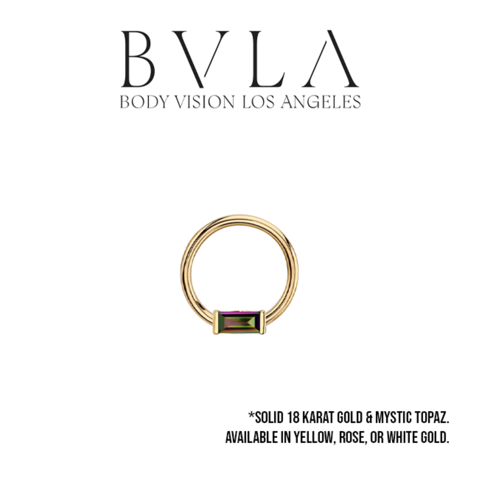 BVLA 16g BVLA fixed ring with 4x2 mystic topaz baguette. Nipple orientation
