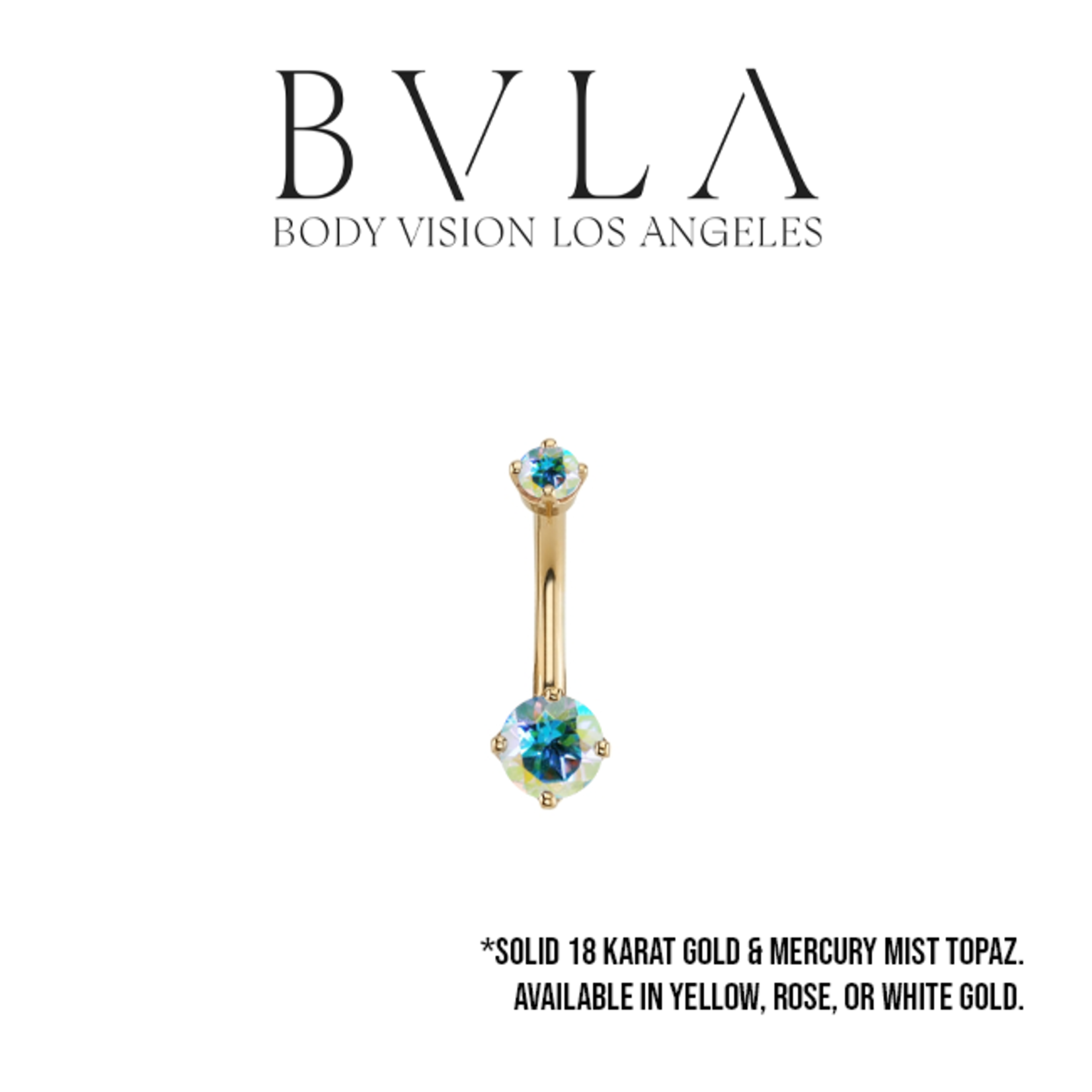 BVLA BVLA 14g "Classic Prong" navel curve with 5.0mm and 3.0mm Mercury Mist Topaz