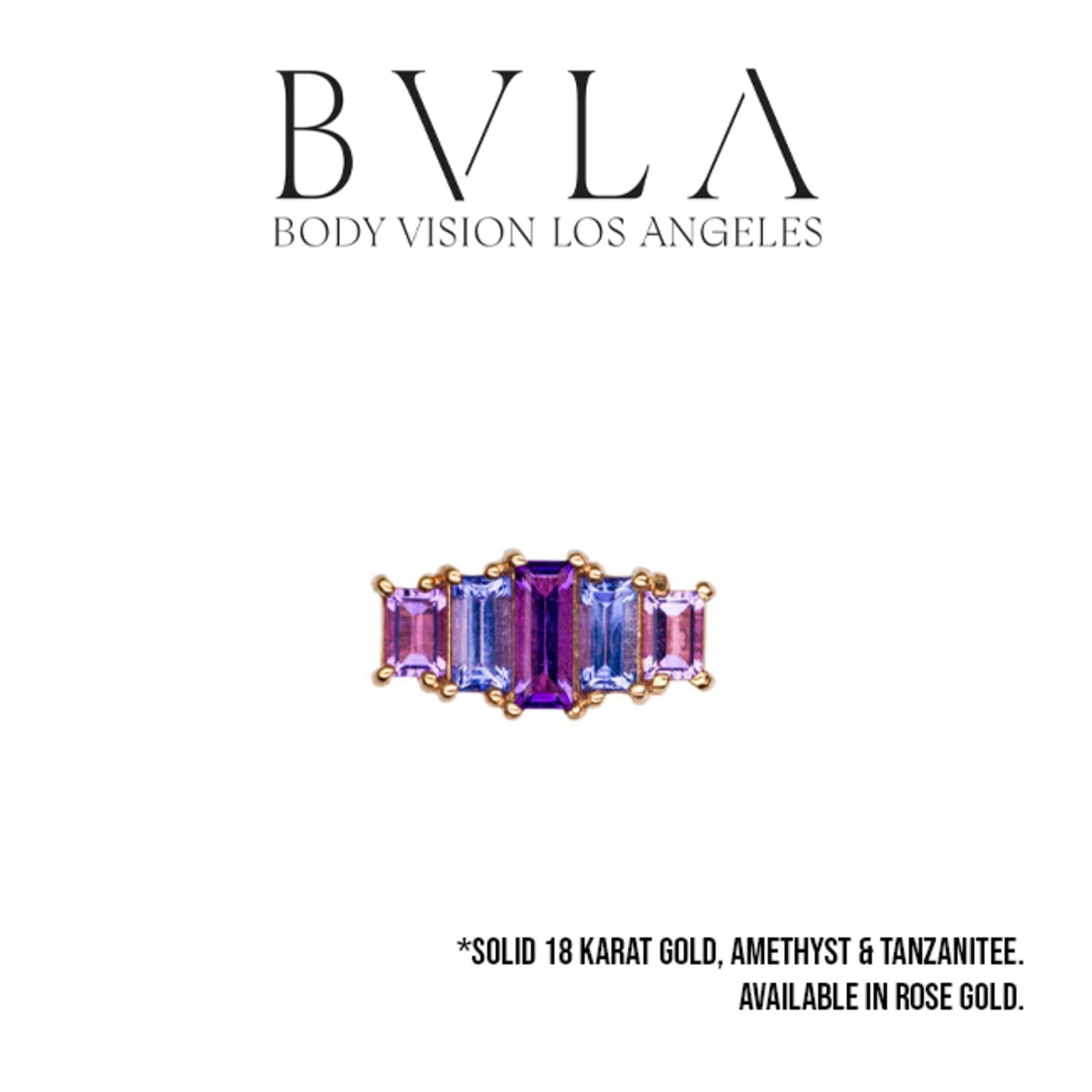 BVLA BVLA rose gold 11x5 "Clara" threaded end with 2x 3x2 AA light amethyst baguette,  2x 5x2 AA Tanzanite baguette, and 5x2 AA Amethyst baguette