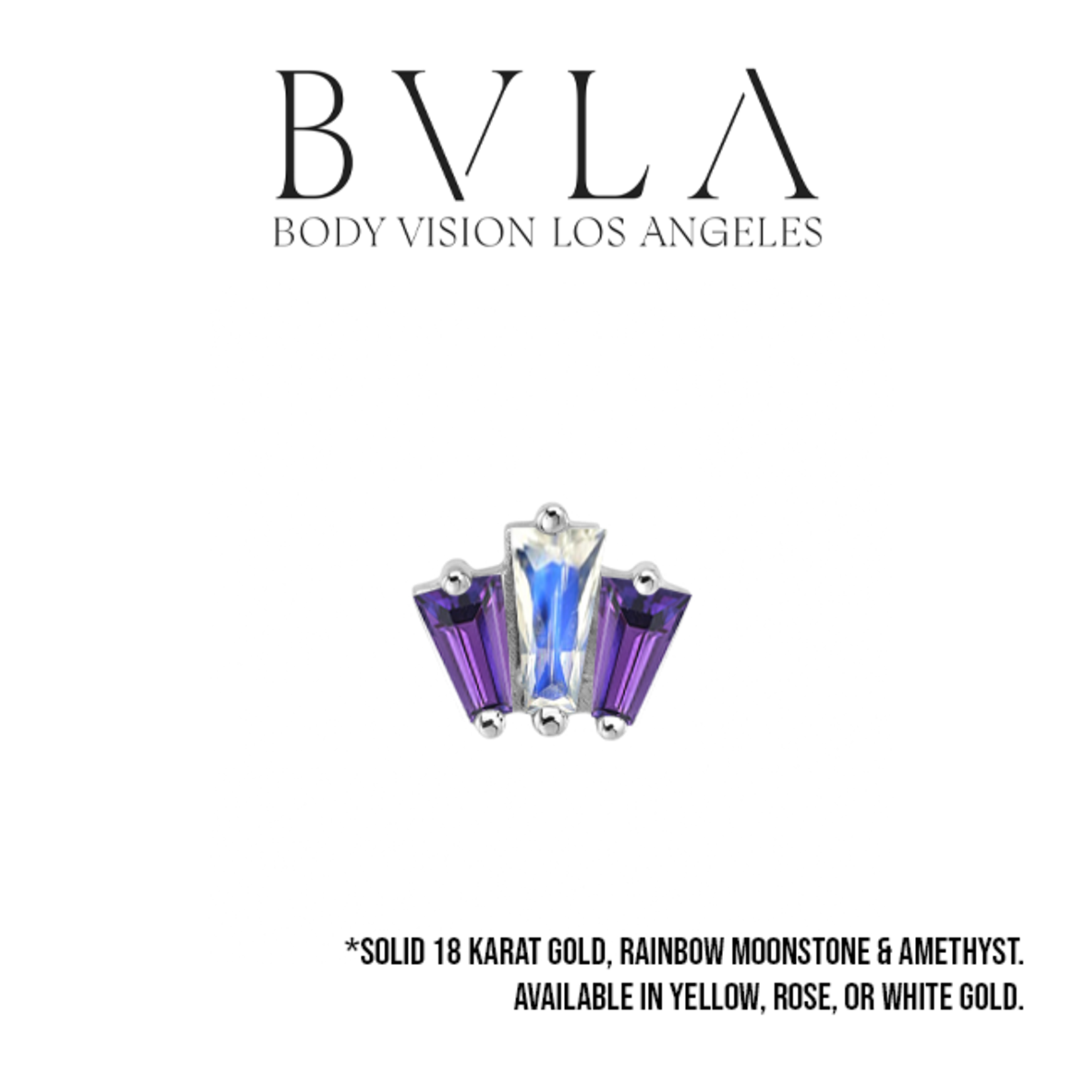 BVLA 16g BVLA 6.0x5.0mm "Oceane 3" threaded end with 3.0x2.0x1.0mm Amethyst baguette x2 and 4.0x2.0x1.0mm Rainbow Moonstone baguette