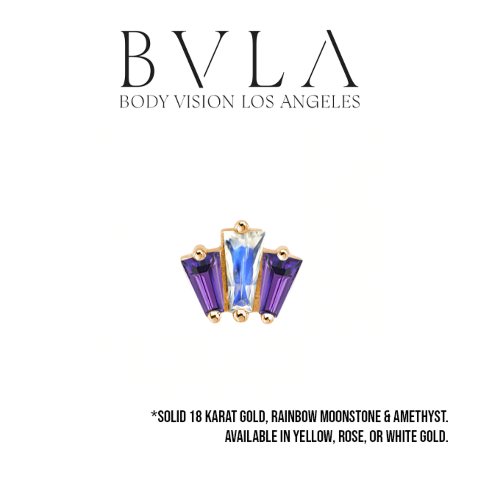 BVLA 16g BVLA "Oceane 3" threaded end with 3x2x1 amethyst baguette x2 and 4x2x1 rainbow moonstone baguette