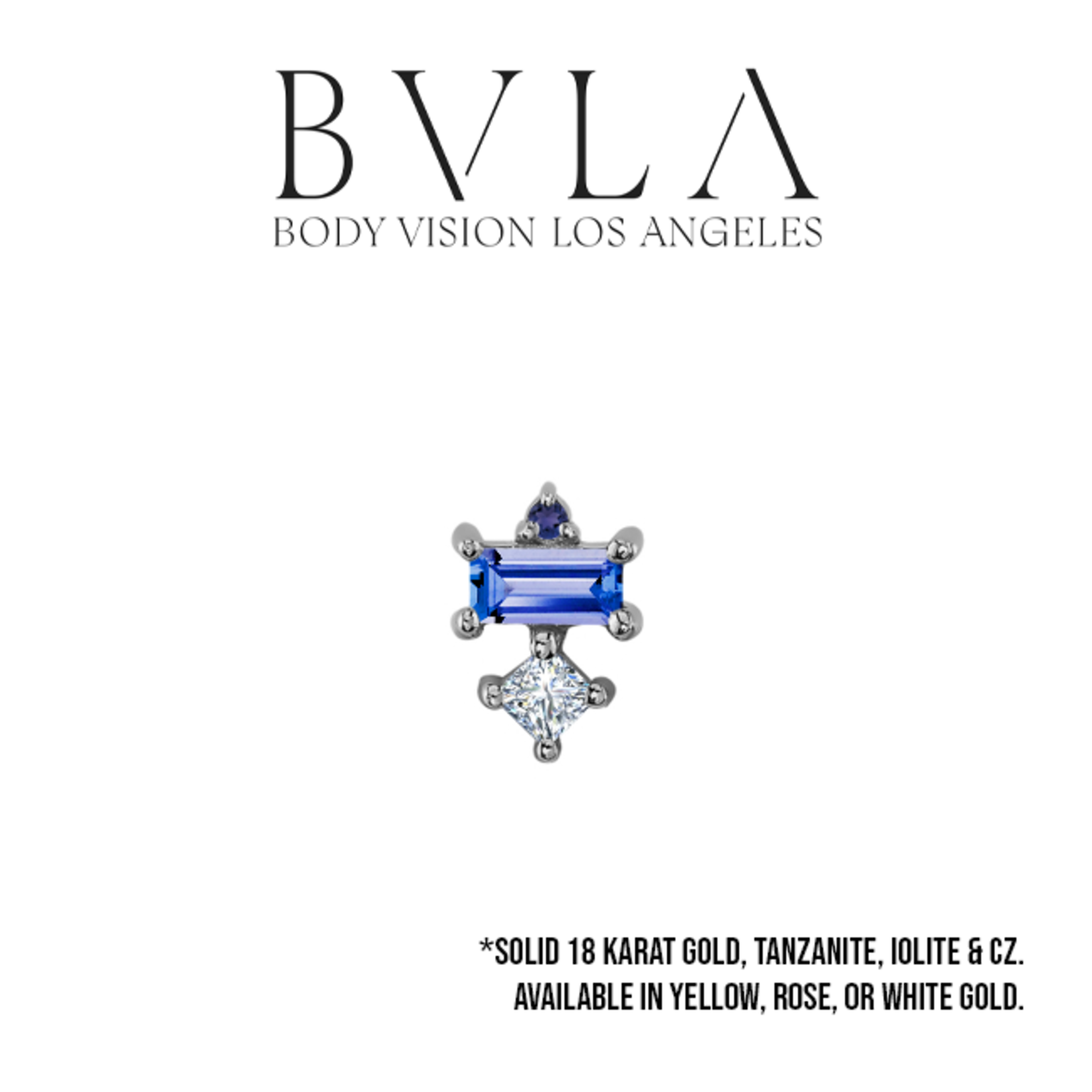 BVLA BVLA "Tetra" threaded end with 1.0 AA Iolite, 4x2 AA Tanzanite baguette, and 2.0 CZ.