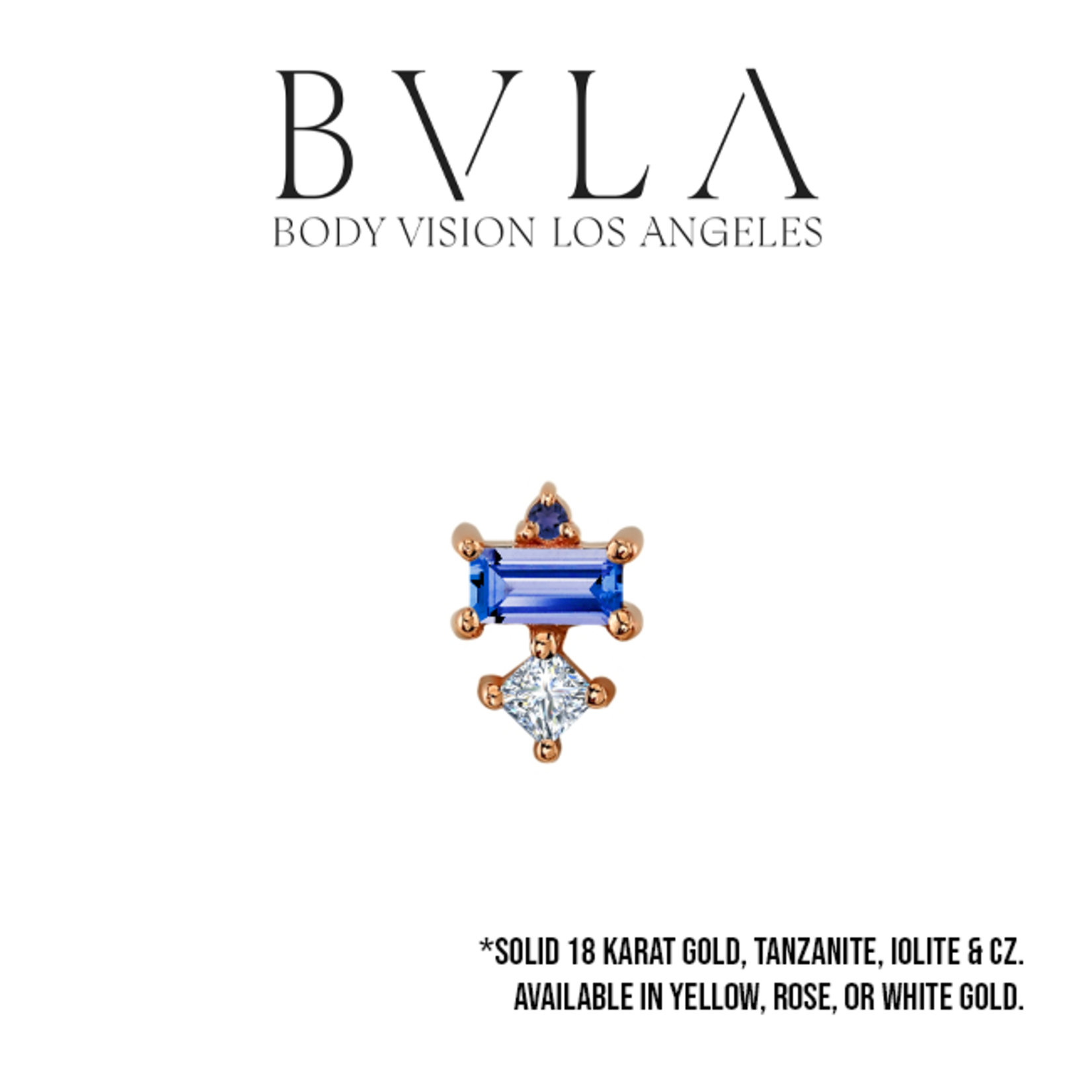 BVLA BVLA "Tetra" threaded end with 1.0 AA Iolite, 4x2 AA Tanzanite baguette, and 2.0 CZ.
