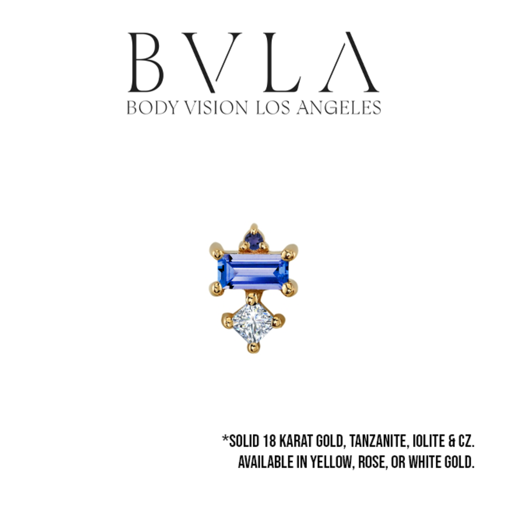 BVLA BVLA "Tetra" threaded end with 1.0 AA Iolite, 4x2 AA Tanzanite baguette, and 2.0 CZ.