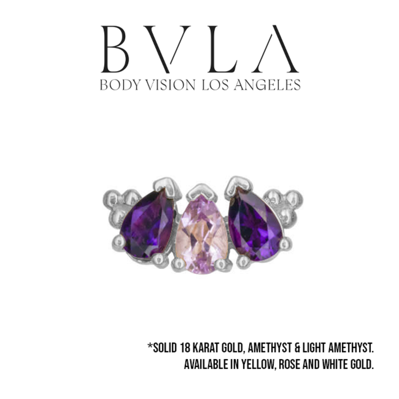 BVLA 16g BVLA 10.0mm "3 Gem Pear Panaraya" threaded end with alternating 2x 4.0x2.5mm Amethyst and 4.0x2.5mm Light Amethyst pears