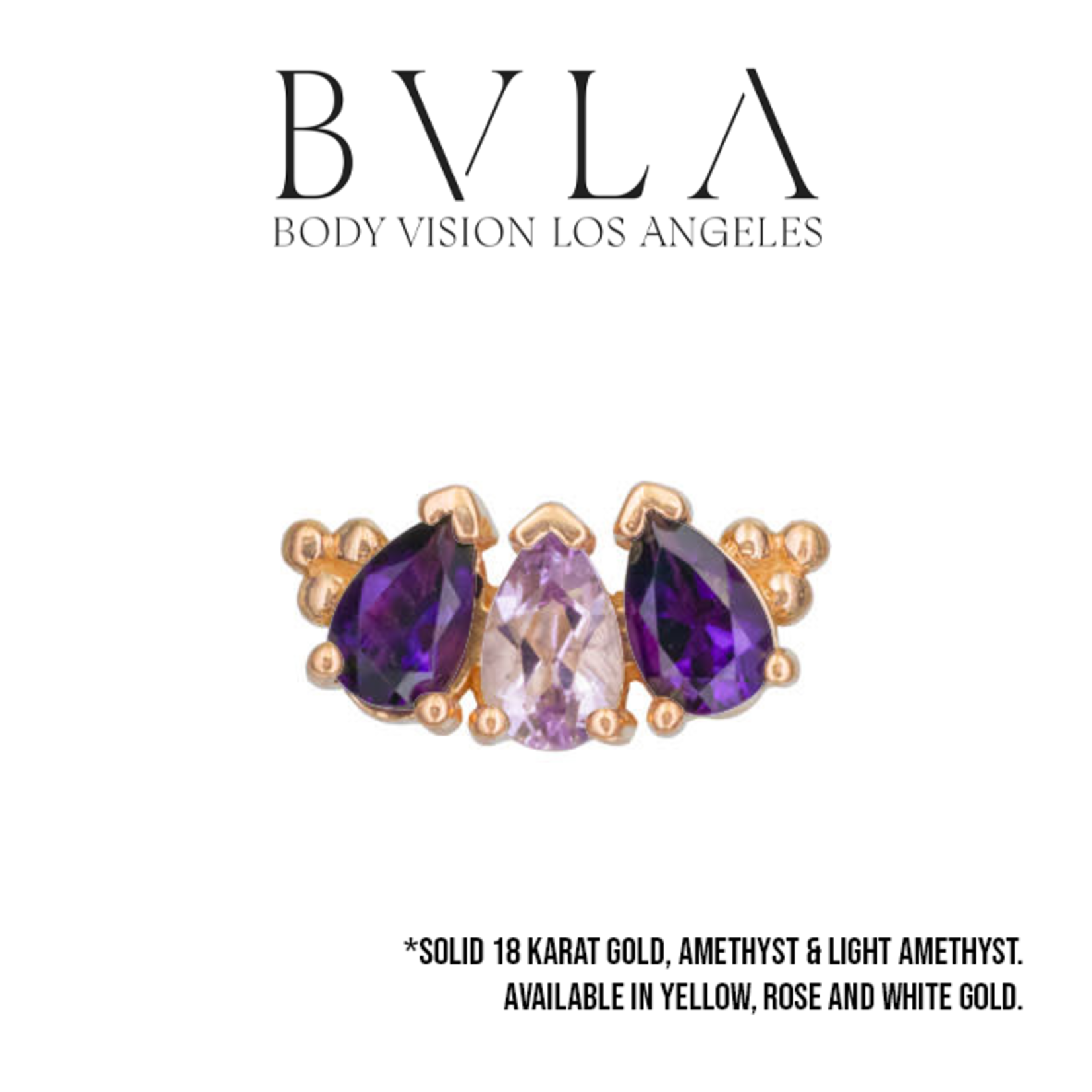 BVLA 16g BVLA 10.0mm "3 Gem Pear Panaraya" threaded end with alternating 2x 4.0x2.5mm Amethyst and 4.0x2.5mm Light Amethyst pears