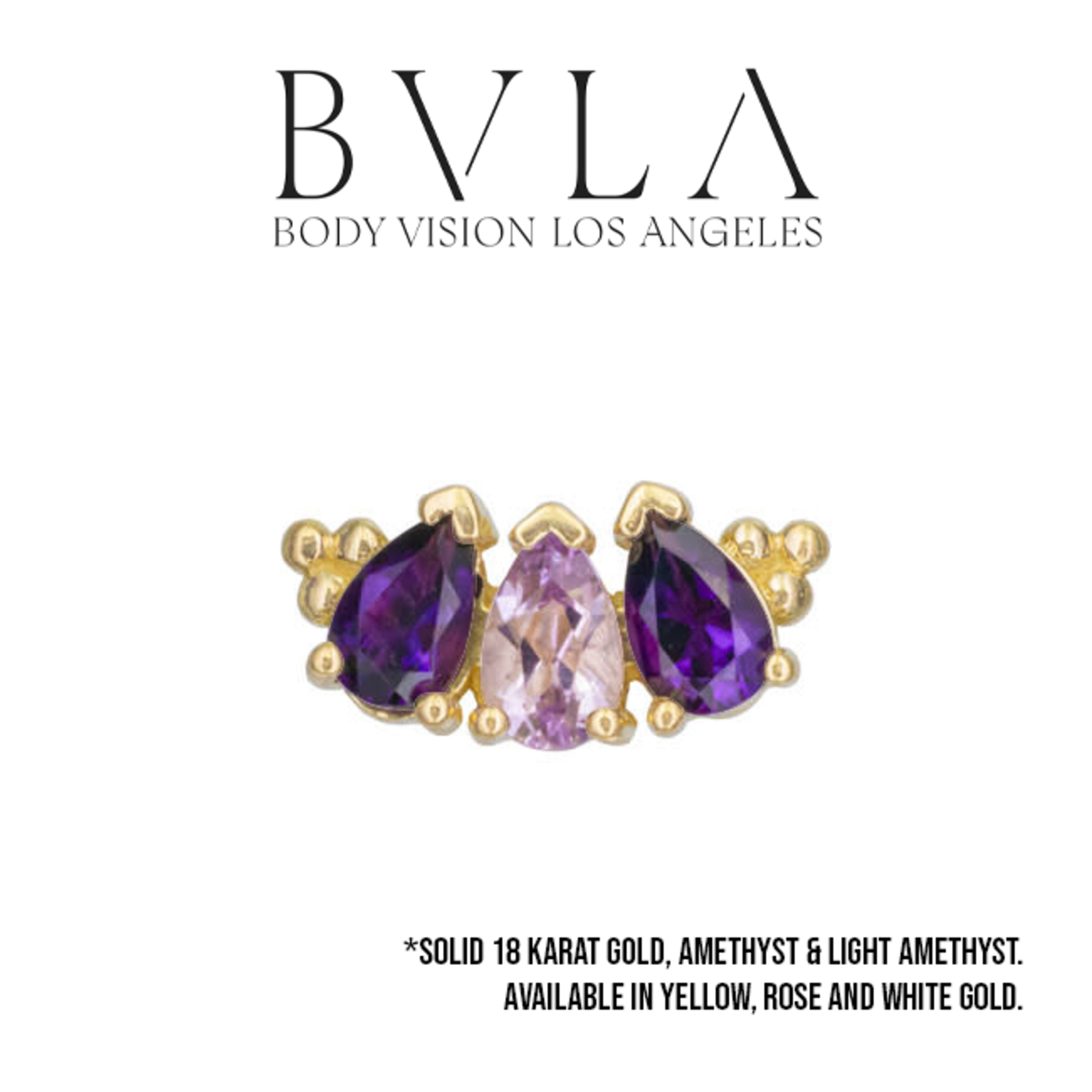 BVLA 16g BVLA 10.0mm "3 Gem Pear Panaraya" threaded end with alternating 2x 4.0x2.5mm Amethyst and 4.0x2.5mm Light Amethyst pears