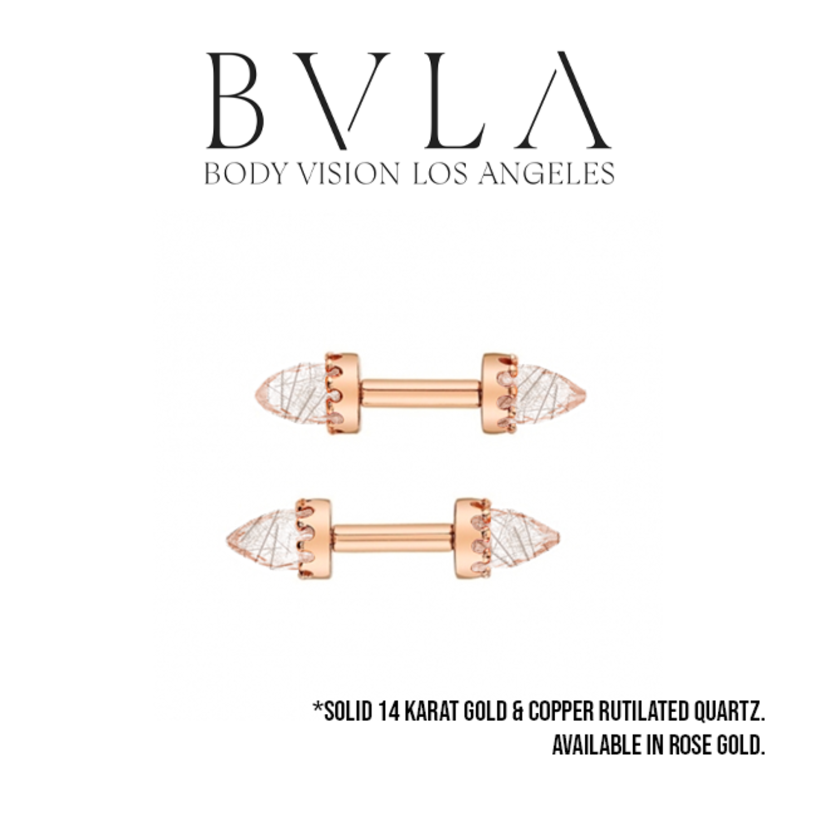 BVLA BVLA Rose Gold 12g "Cabochon Crown" press-fit barbell with 4.0x6.0mm faceted Copper Rutilated Quartz Bullets - Sold as a pair.