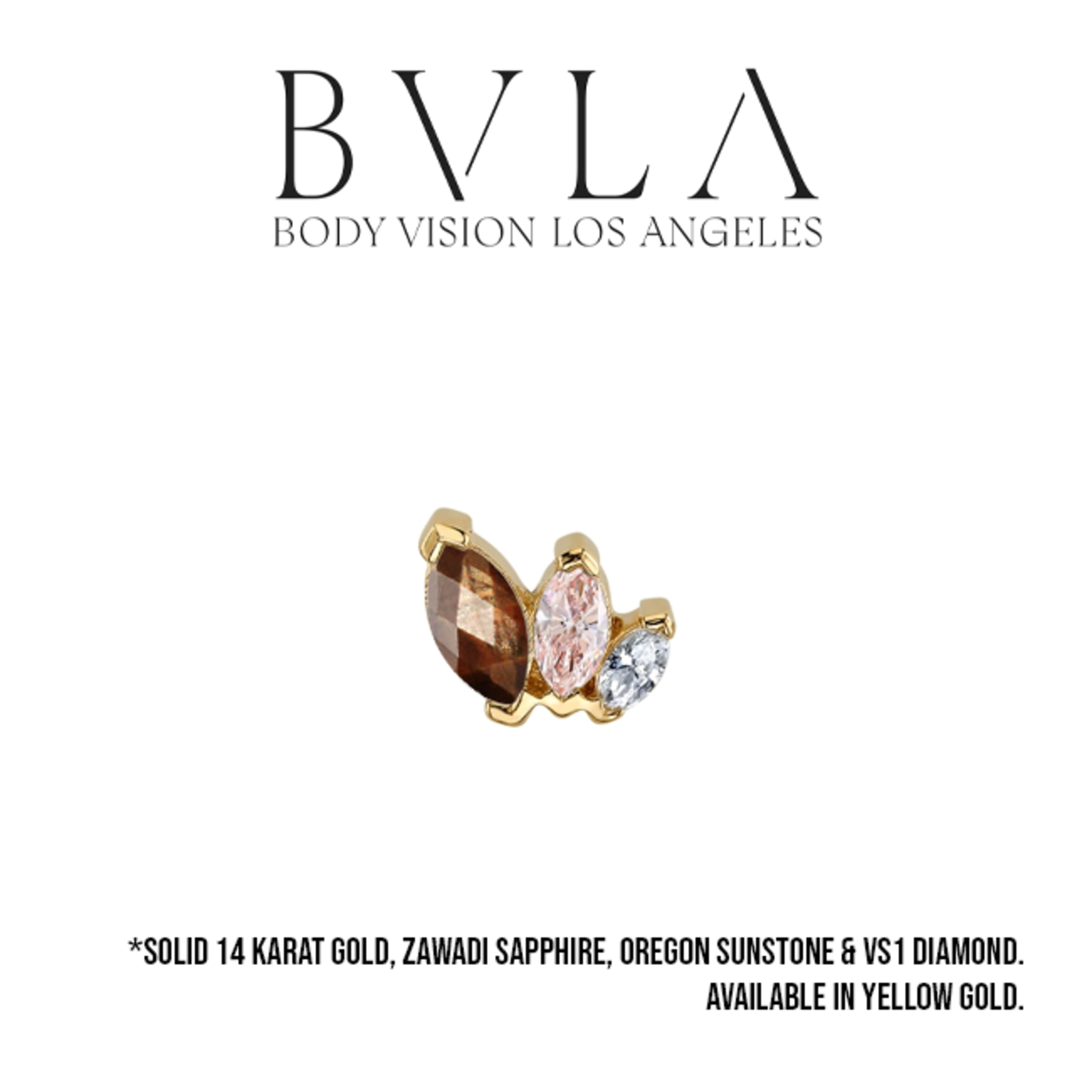 BVLA BVLA 7.0x6.0mm 14g "French Kiss" threaded end with 5x2.5 Zawadi Sapphire, 1x 4x2 Peach Topaz, and 1x 3x1.5 VS1 Diamond marquise