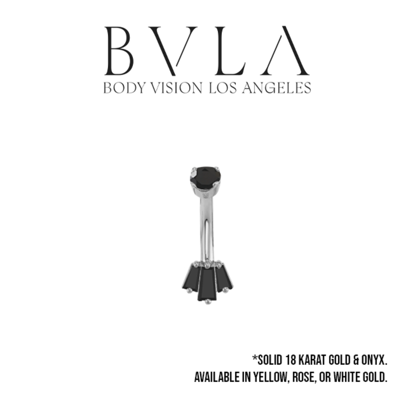 BVLA 16g BVLA "Oceane 3" curved barbell with 1x 3.0mm Onyx top, 2x 3.0x2.0x1.0mm Onyx baguette, and 1x 4.0x2.0x1.5mm Onyx baguette