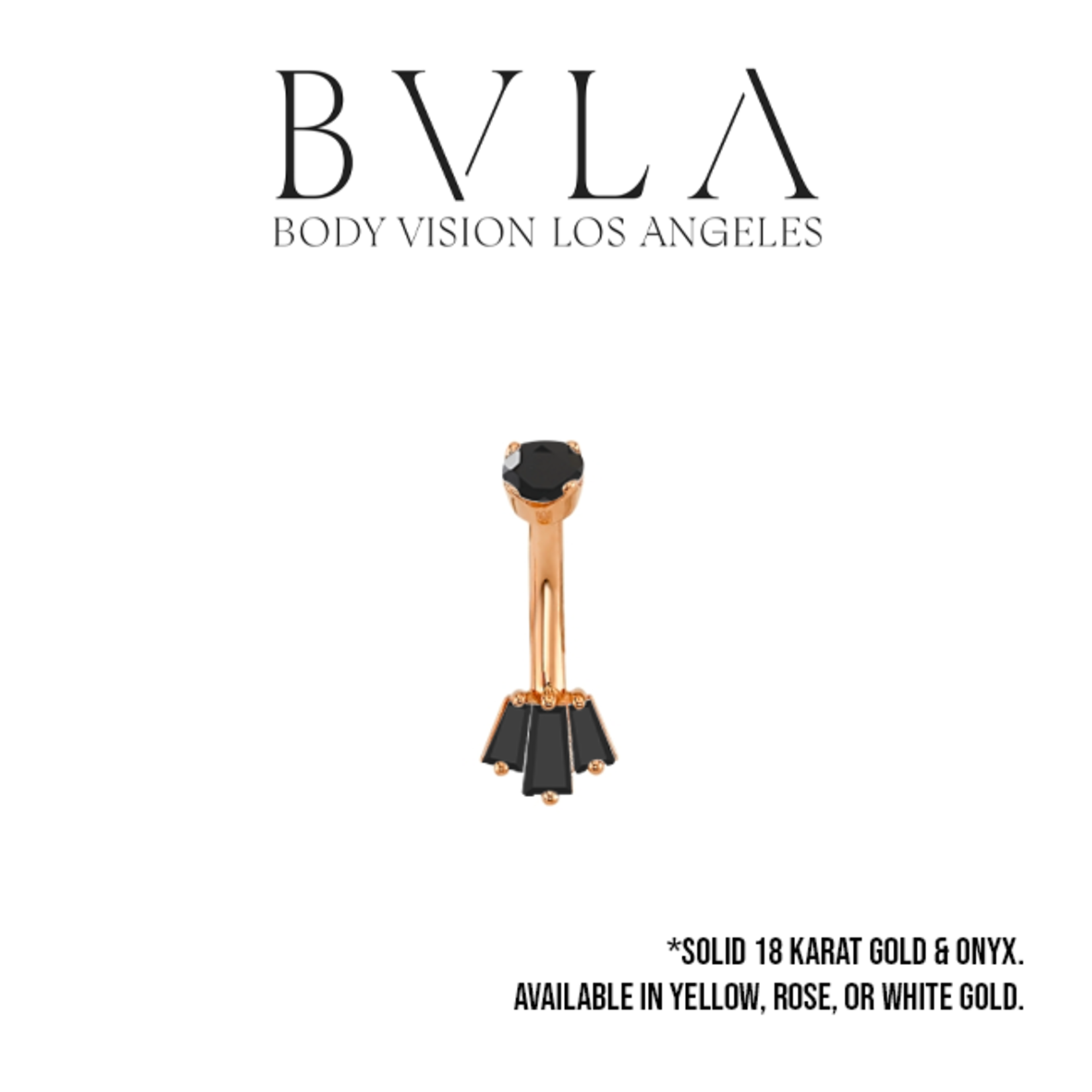 BVLA 16g BVLA "Oceane 3" curved barbell with 1x 3.0mm Onyx top, 2x 3.0x2.0x1.0mm Onyx baguette, and 1x 4.0x2.0x1.5mm Onyx baguette
