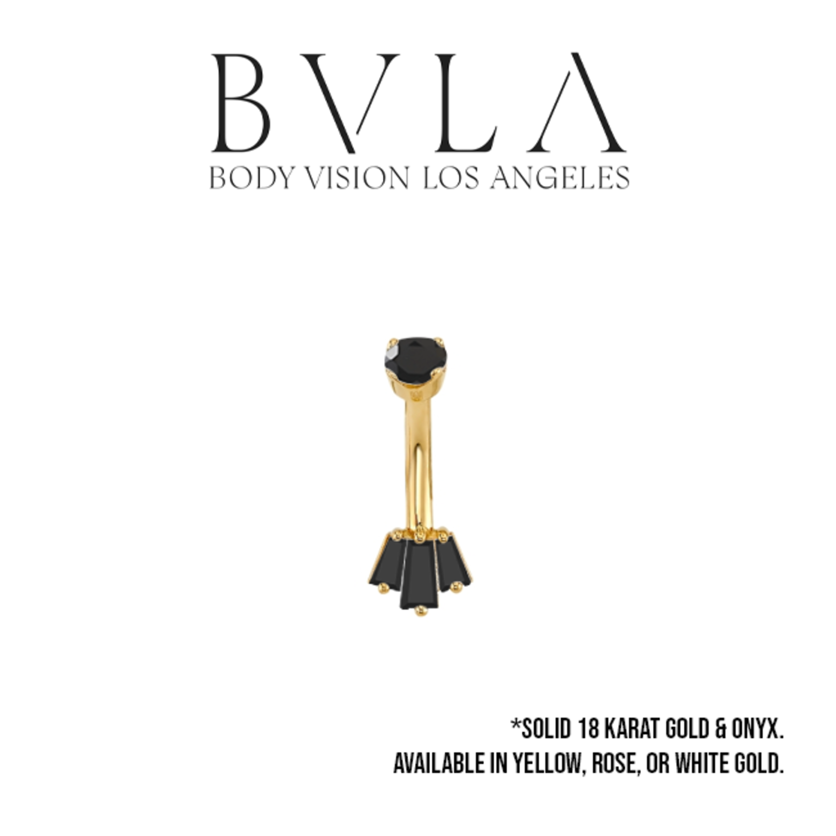 BVLA 16g BVLA "Oceane 3" curved barbell with 1x 3.0mm Onyx top, 2x 3.0x2.0x1.0mm Onyx baguette, and 1x 4.0x2.0x1.5mm Onyx baguette